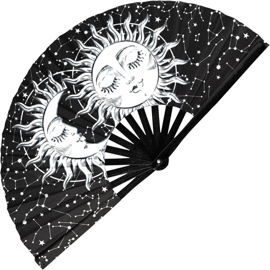 GloFX Rave Sun & Moon - Large Folding Fan - Music Festival Essential, EDM Rave Accessories, Folding Hand Fan, Clack Fan