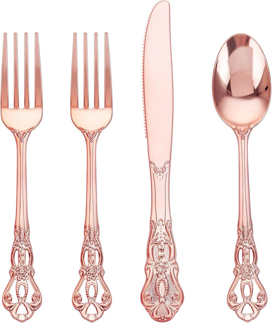 40PCS Rose Gold Plastic Silverware - Heavy Duty Elegant Disposable Utensils - Rose Gold Plastic Cutlery set Includes 20Forks, 10Spoons, 10Knives for Dinner, Parties, Weddings
