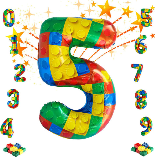 32 Inch Stackable Block Number Balloon – Colorful Brick Building Themed Big Helium Digits for Kids Birthday Party Decorations (Building Block, Number 5)