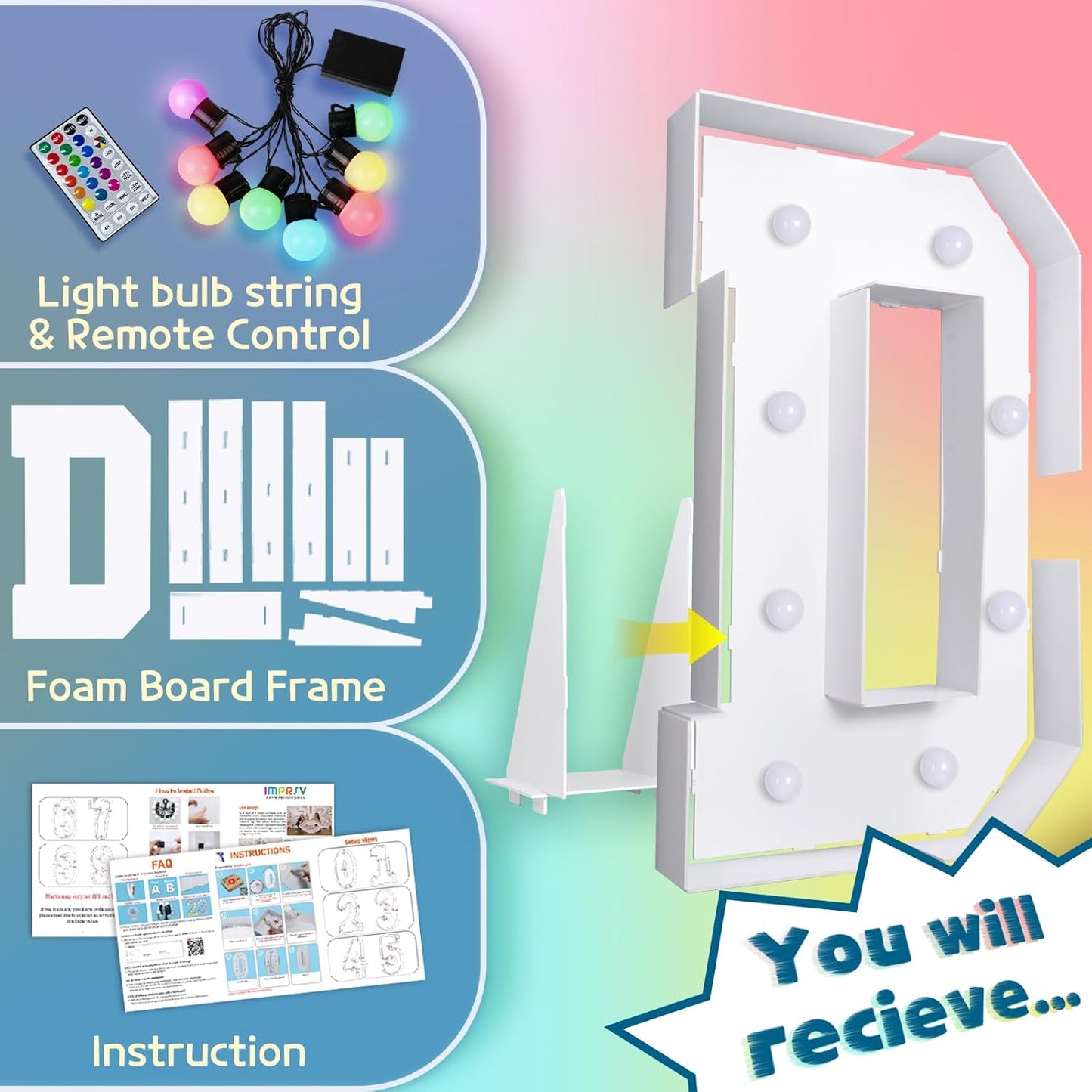 3FT Colorful Marquee Light Up Letters D, 18 Colors Light Up Alphabet Signs with Remote, Marry Me Sign, Large Letter for Birthday Engagement Anniversary Wedding Party Decor