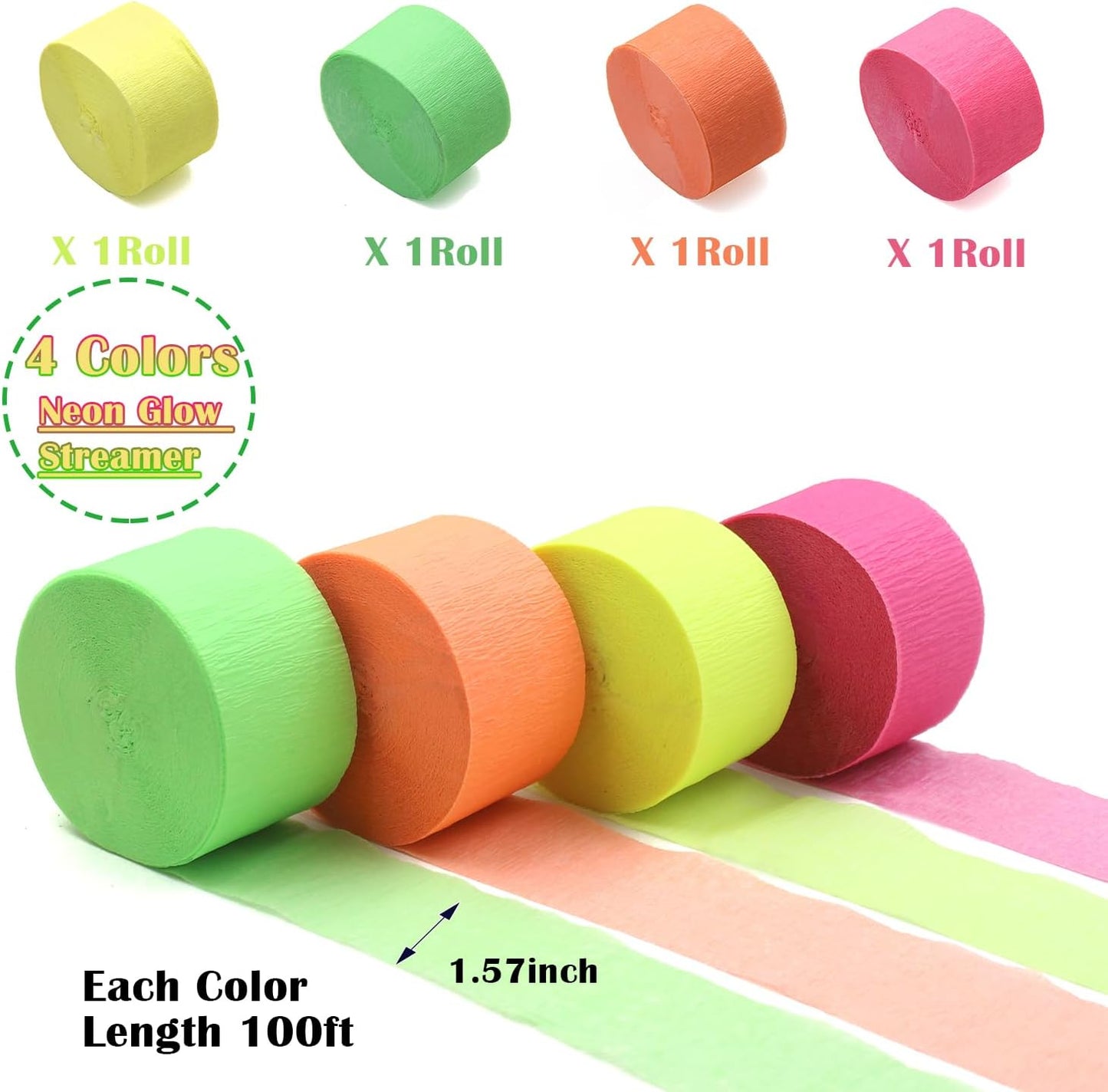 400 feet Glow Party Neon Streamer Decorations Glow Crepe Paper Streamers UV Reactive Fluorescent Neon Paper Streamers Glow in The Dark Party Supplies and Decorations Wedding Birthday Blacklight Party