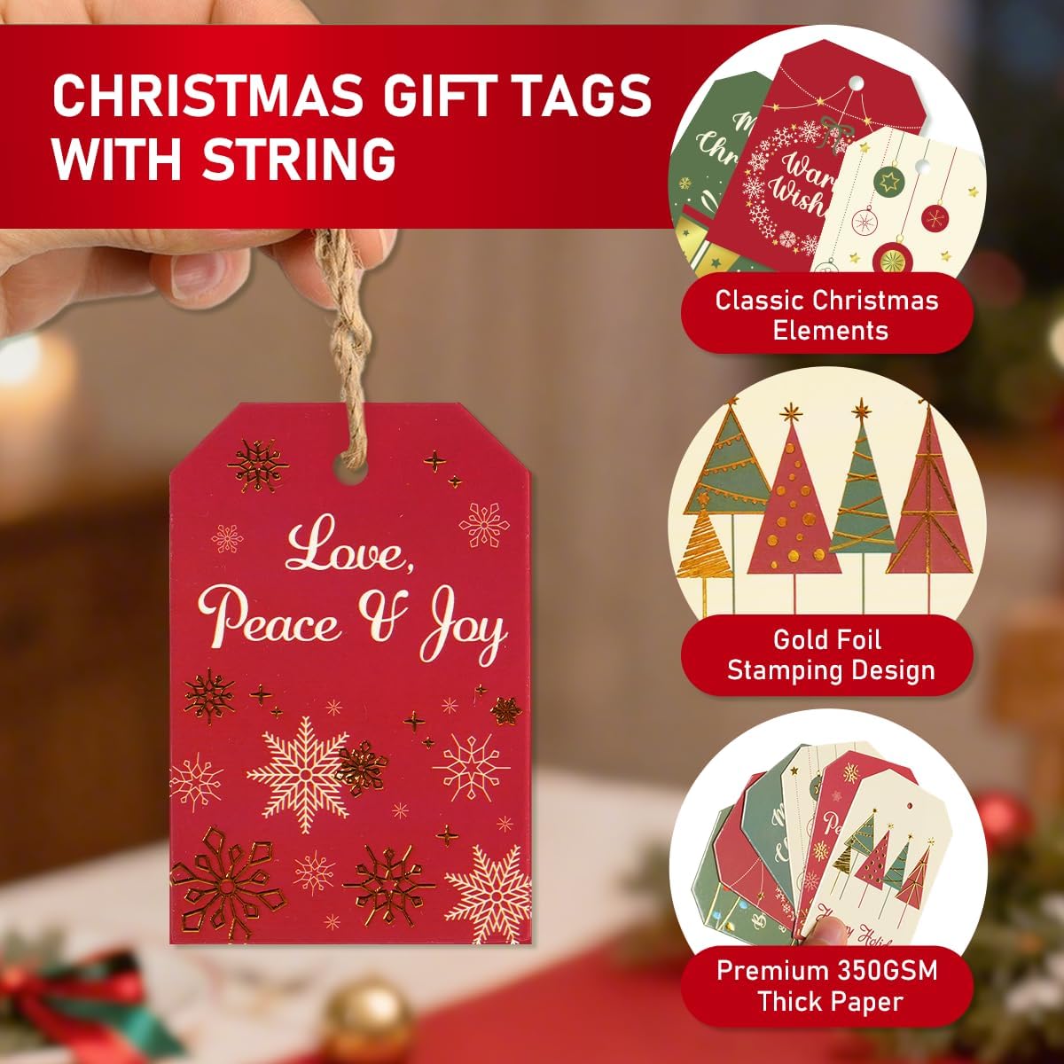 Christmas Gift Tags with String, 48 Pcs Christmas Hanging Tags Label Gold Foil Xmas Present Tag for DIY Xmas Holiday Present Wrapping Decorations, 6 Styles