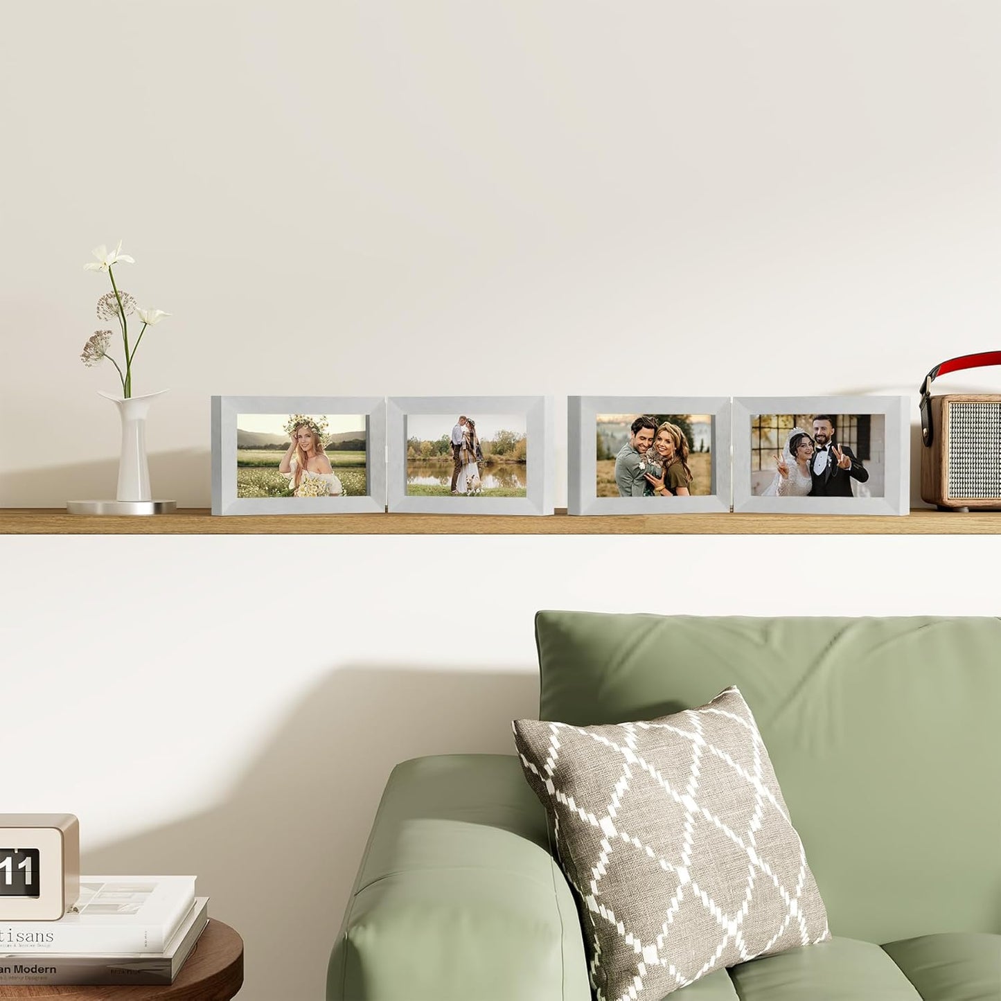 decorUhome Double 6x4 Picture Frame Horizontal, Engineered Wood Bifold Photo Frame with Plexiglass for Tabletop Display, 6x4, Silver