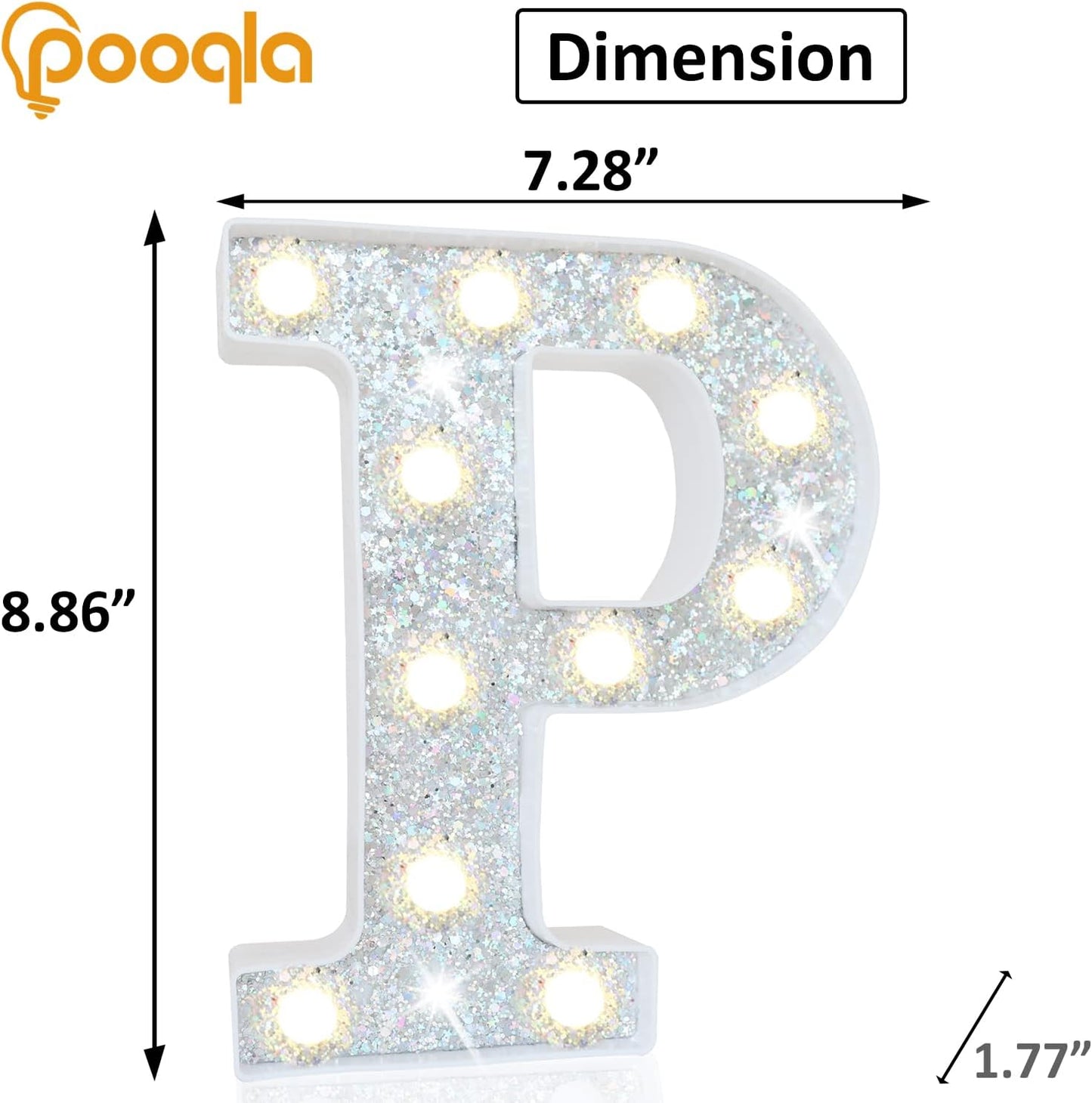 Pooqla Light Up Letters, LED Marquee Letters for Silver Birthday Decorations, Battery Powered Night Light Teenager Girl Room Decor, Gift for Girls Boys Wedding Bedroom Christmas Party Decor, Letter P