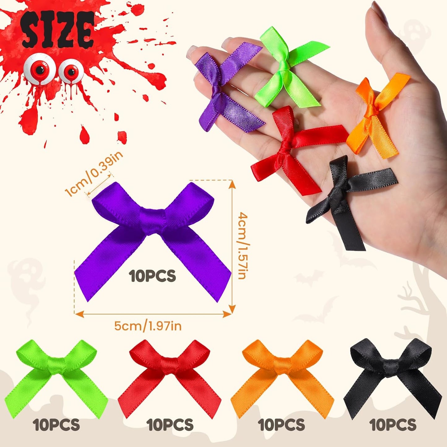YGDZ Mini Bows, 50 PCS Small Satin Bows for Crafts, Halloween Decor, 5 Colors (Black, Orange, Purple, Red, Green), Tiny Bows for Gift Wrapping