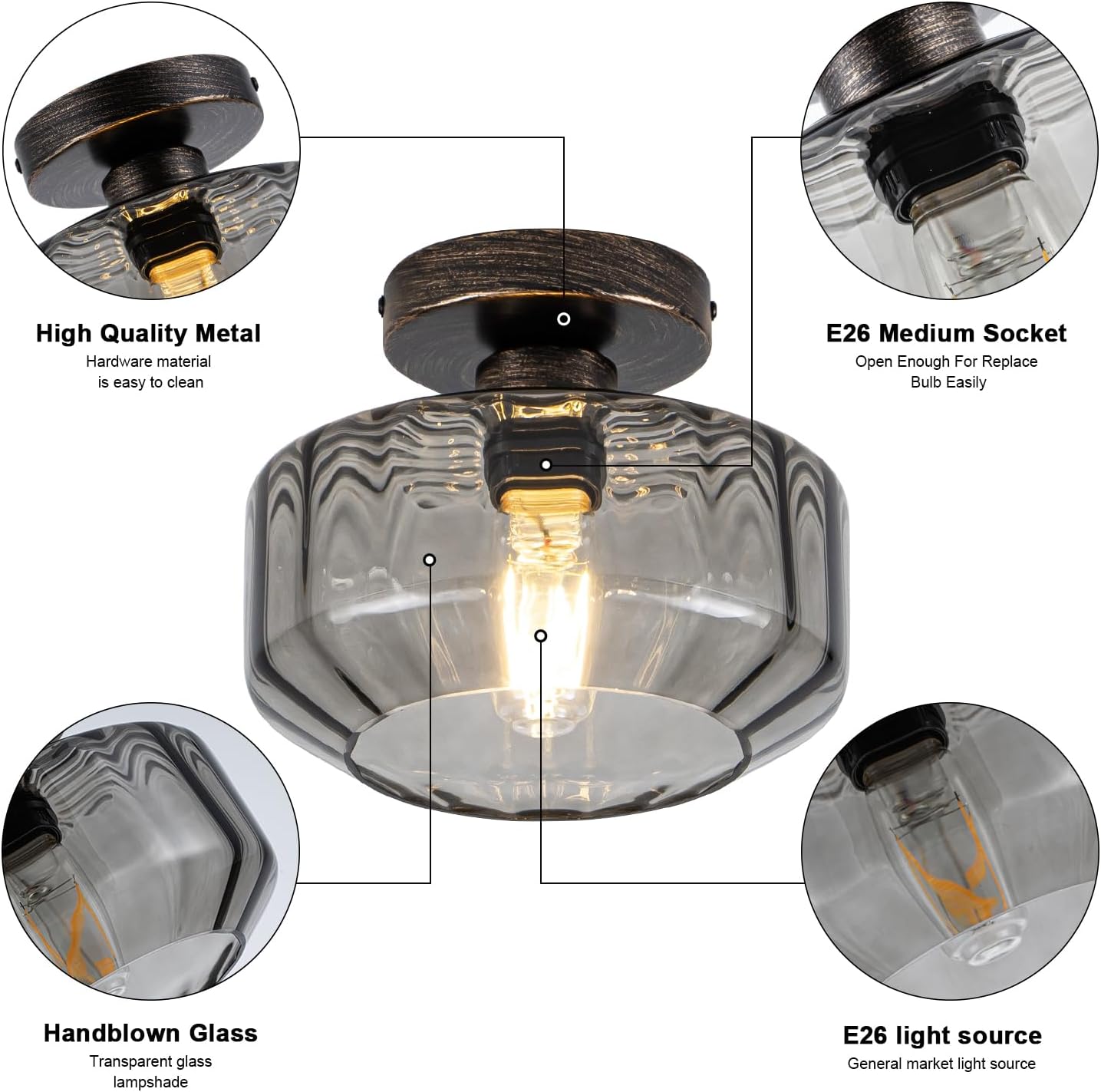 Smoked Glass Flush Mount Ceiling Light with 1200LM LED - Black Champagne Gold 8.66" Damp Rated Fixture for Bathroom Kitchen Hallway Modern Lighting