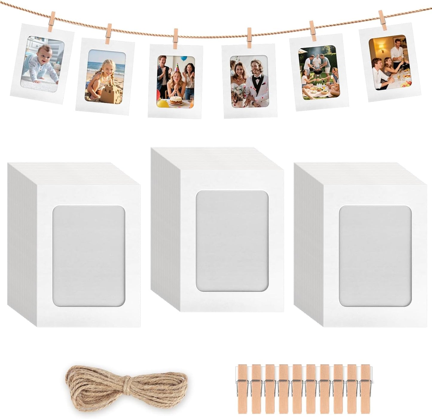 100 Pack Paper Picture Frames, 4x6 Inch Photo Strip Frame Hanging Photo Display Banner, White Photo Holder with Wooden Clips and String for Wall Decor and Party Supplies