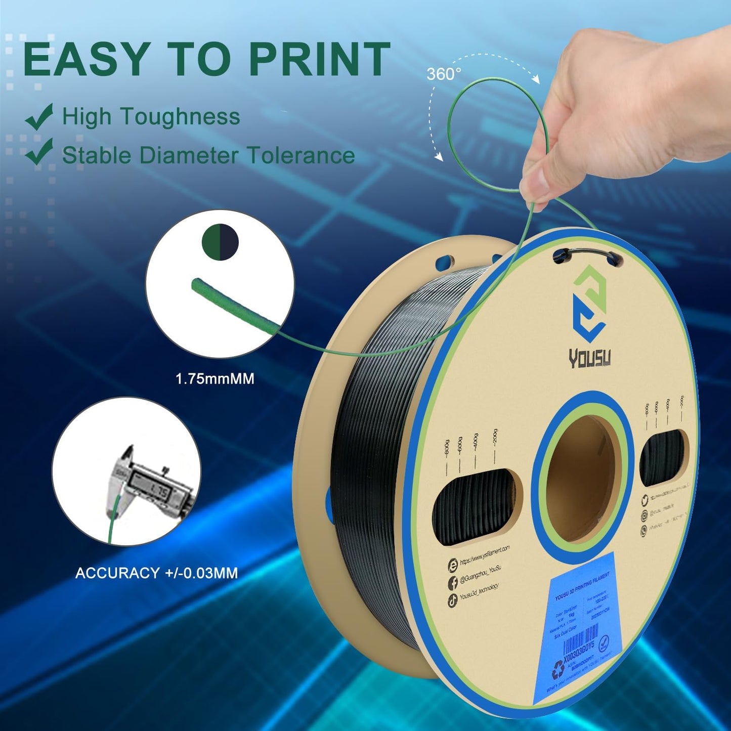 YOUSU PLA Filament 1.75mm, 3D Printer Filament Silk Black Green Color Changing Filament 3D Printing Gradient Filament 1.75 +/-0.02mm, 1kg.