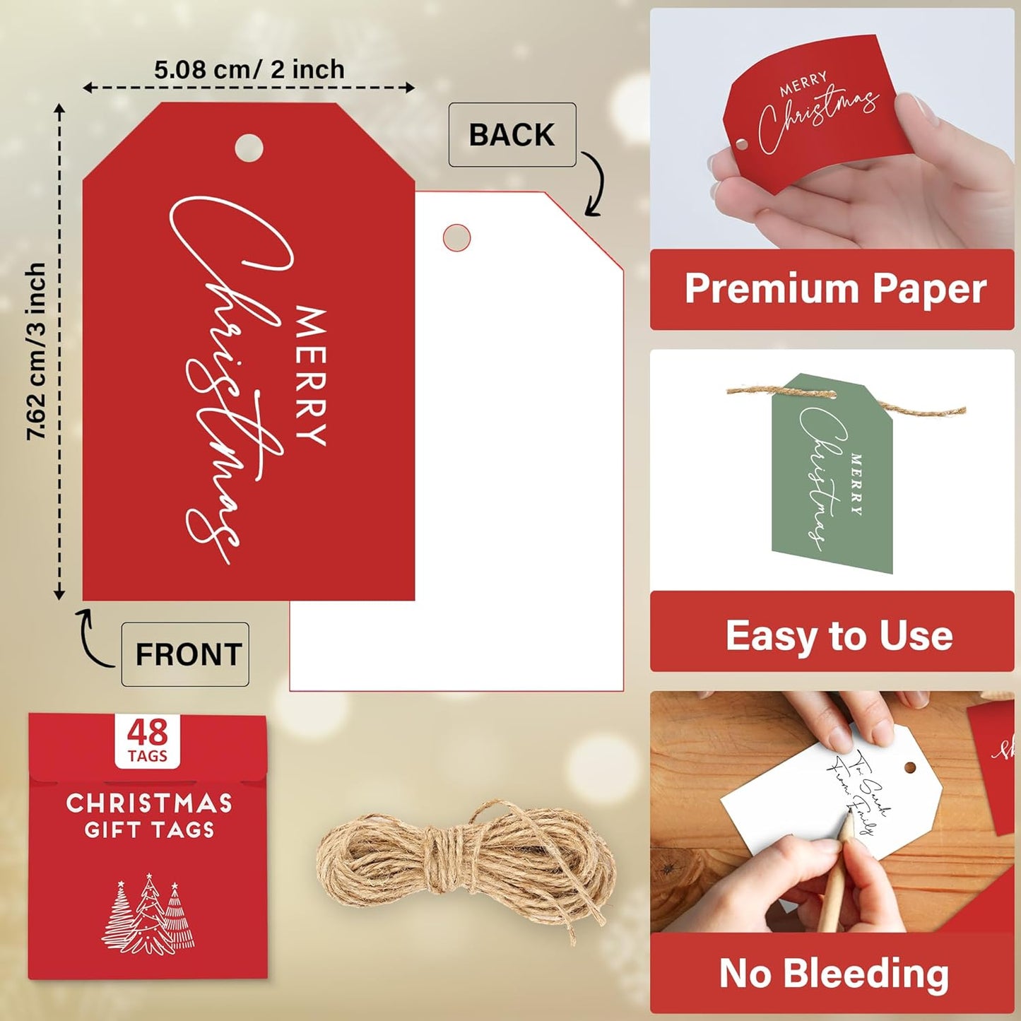 Elegant Christmas Gift Tags with String, 48 Premium Holiday Labels to Personalize Your Presents & Gift Bags, Christmas Tags for Xmas