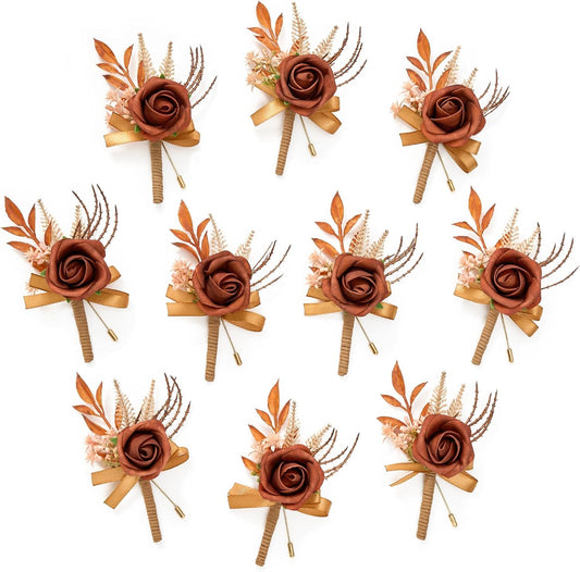 Serwalin 10Pcs Boutonniere for Men, Burnt Orange Groom and Best Man Boutonniere, Artificial Flowers for Wedding Decor, Prom, Homecoming, Ceremony Anniversary, Formal Dinner Party