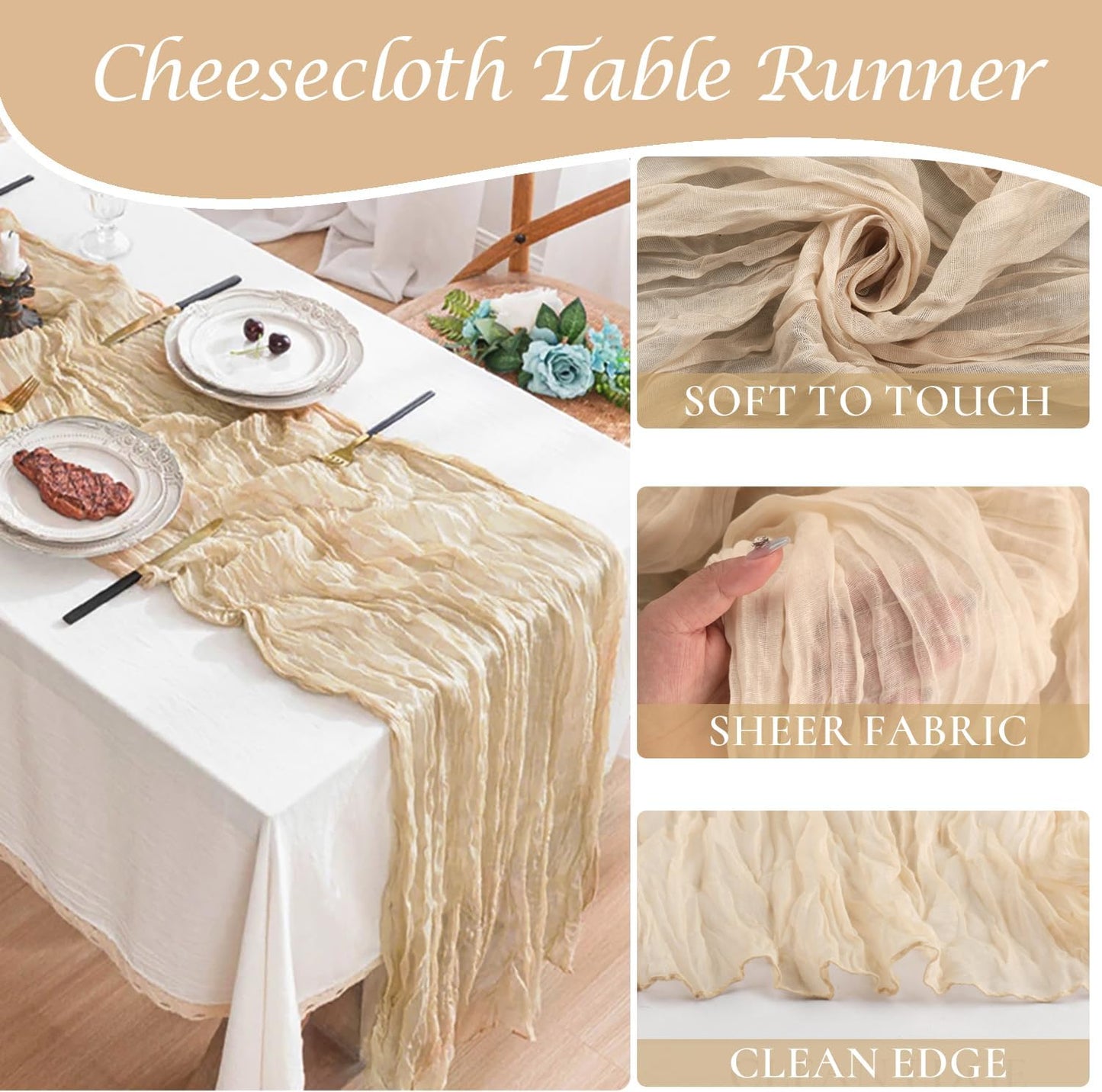 10 Pack Champagne Cheesecloth Table Runner 35x120 Inches, Fall Thanksgiving Cheese Cloth Table Runner 10FT Boho Sheer Gauze Runner for Bridal Shower Wedding Baby Shower Party Decor