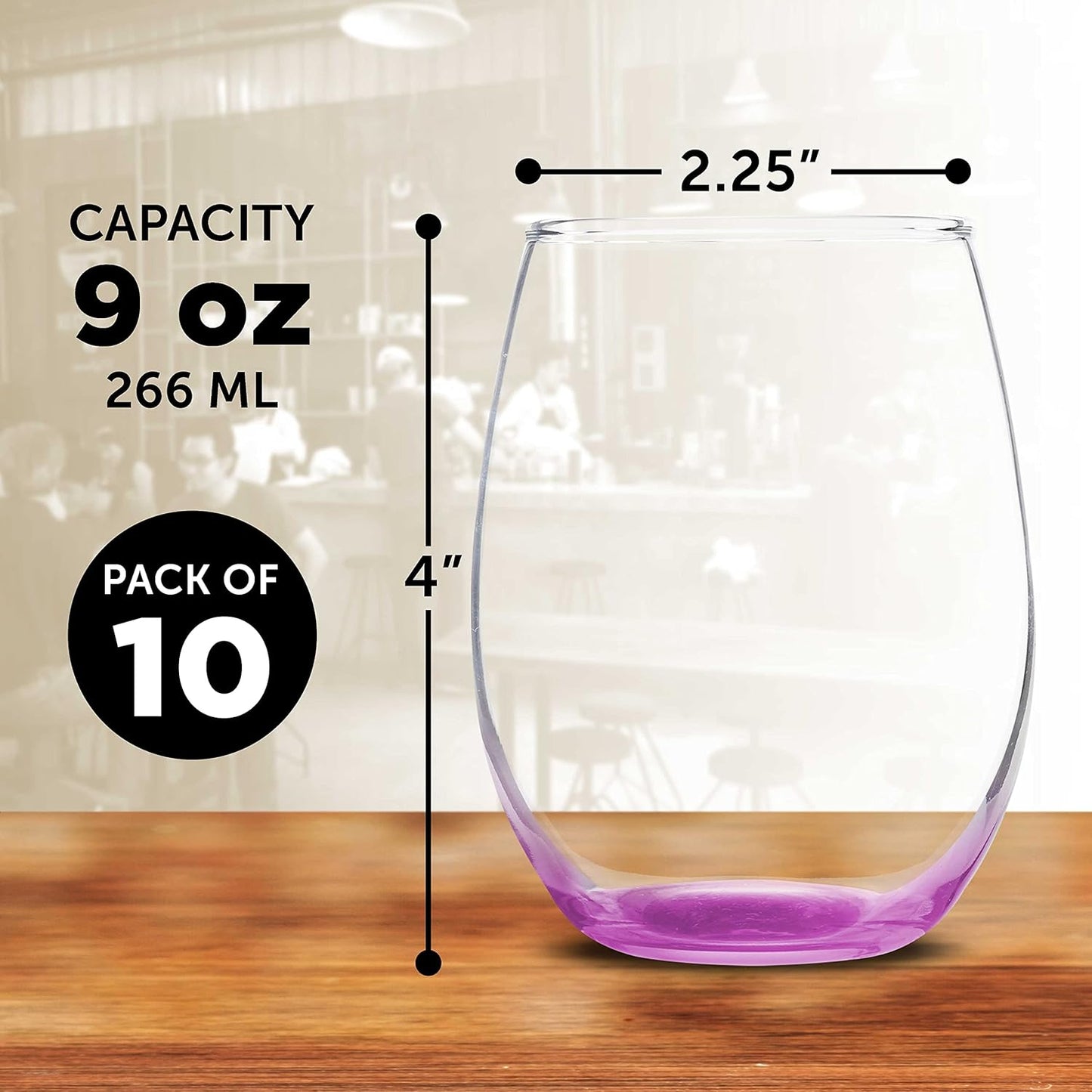 DISCOUNT PROMOS Stemless Wine Glass 9 oz. Set of 10, Bulk Pack - Great for Wedding Favors, Bachelorette Party and More - Pink Bottom Color