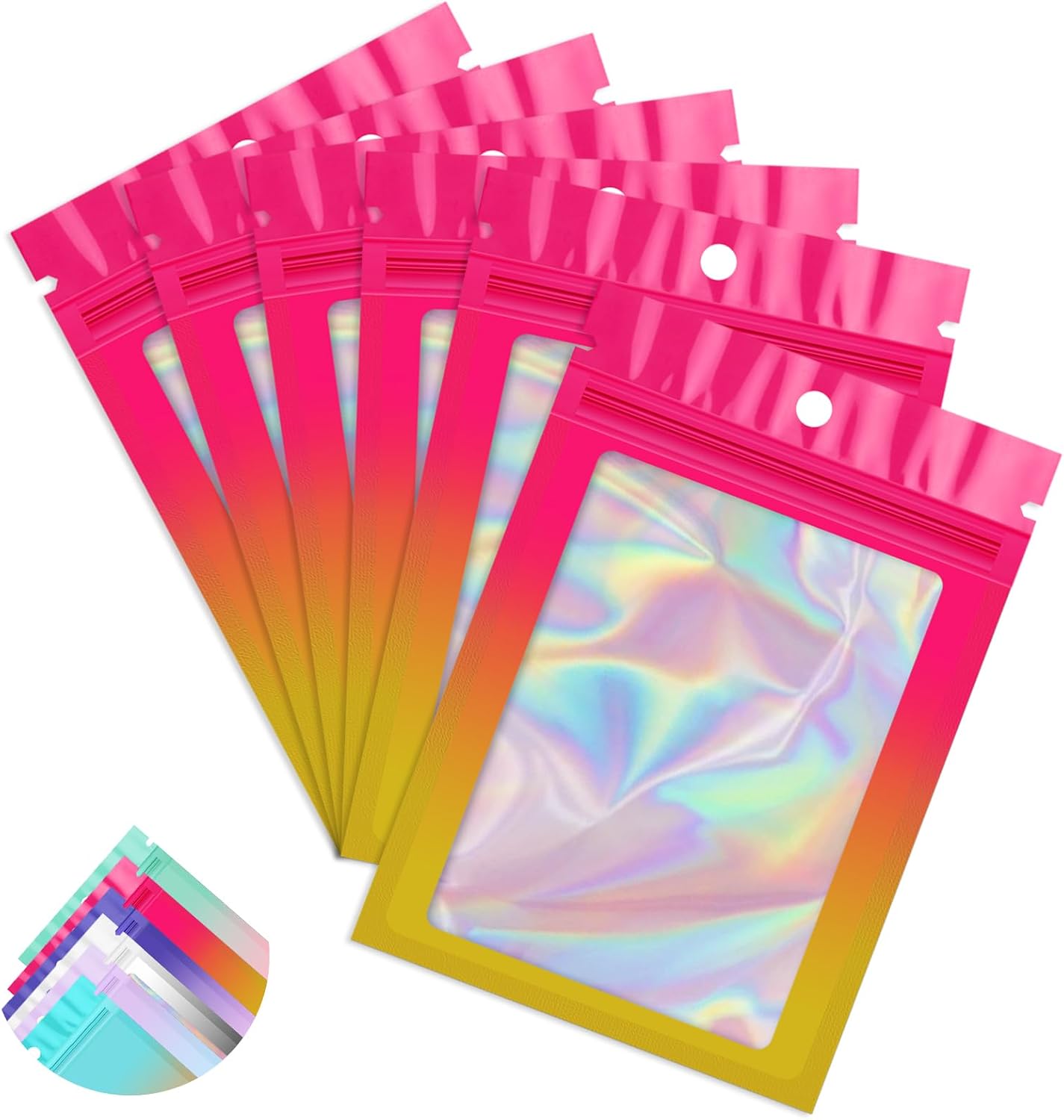 Funfery 100 Pack Gradient Holographic Bags,Mylar Resealable Bags with Zipper,Clear Window Packaging Pouchs,Smell Proof Bag for Food Storage,Sample Jewelry Bag(6.3x9.4In,Hot Pink Orange)