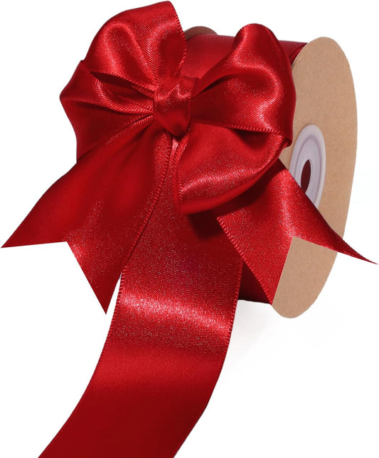 LaRibbons Bright Red Satin Ribbon 1 1/2 Inch 25 Yards Luxury Double Faced Red Ribbon for Gift Wrapping Flower Bouquet Crafts Wedding Party Christmas Decoration