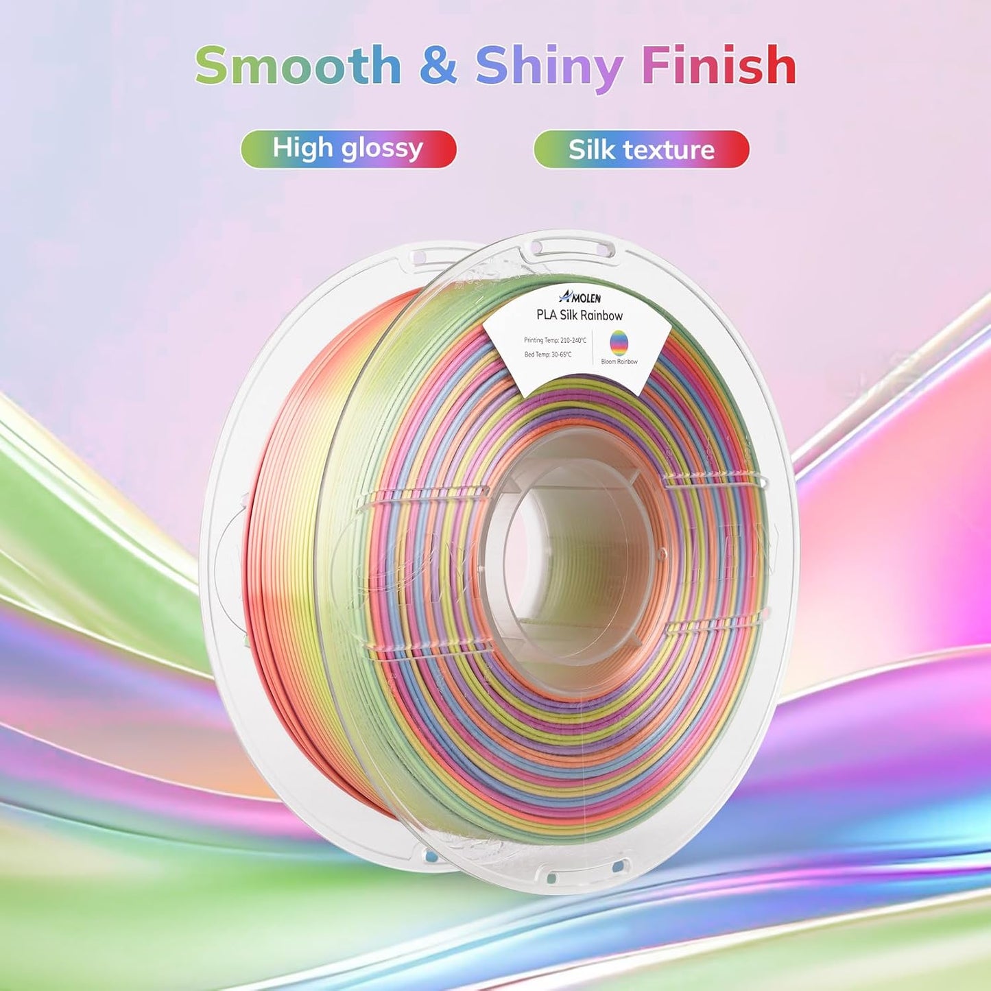 AMOLEN Silk PLA 3D Printer Filament, Shiny Multicolor Rainbow PLA Filament 1.75mm, Gradient Color Change PLA 3D Printing Filament for Most FDM 3D Printer, Pink Blue Purple Green Yellow, 1kg (2.2lbs)