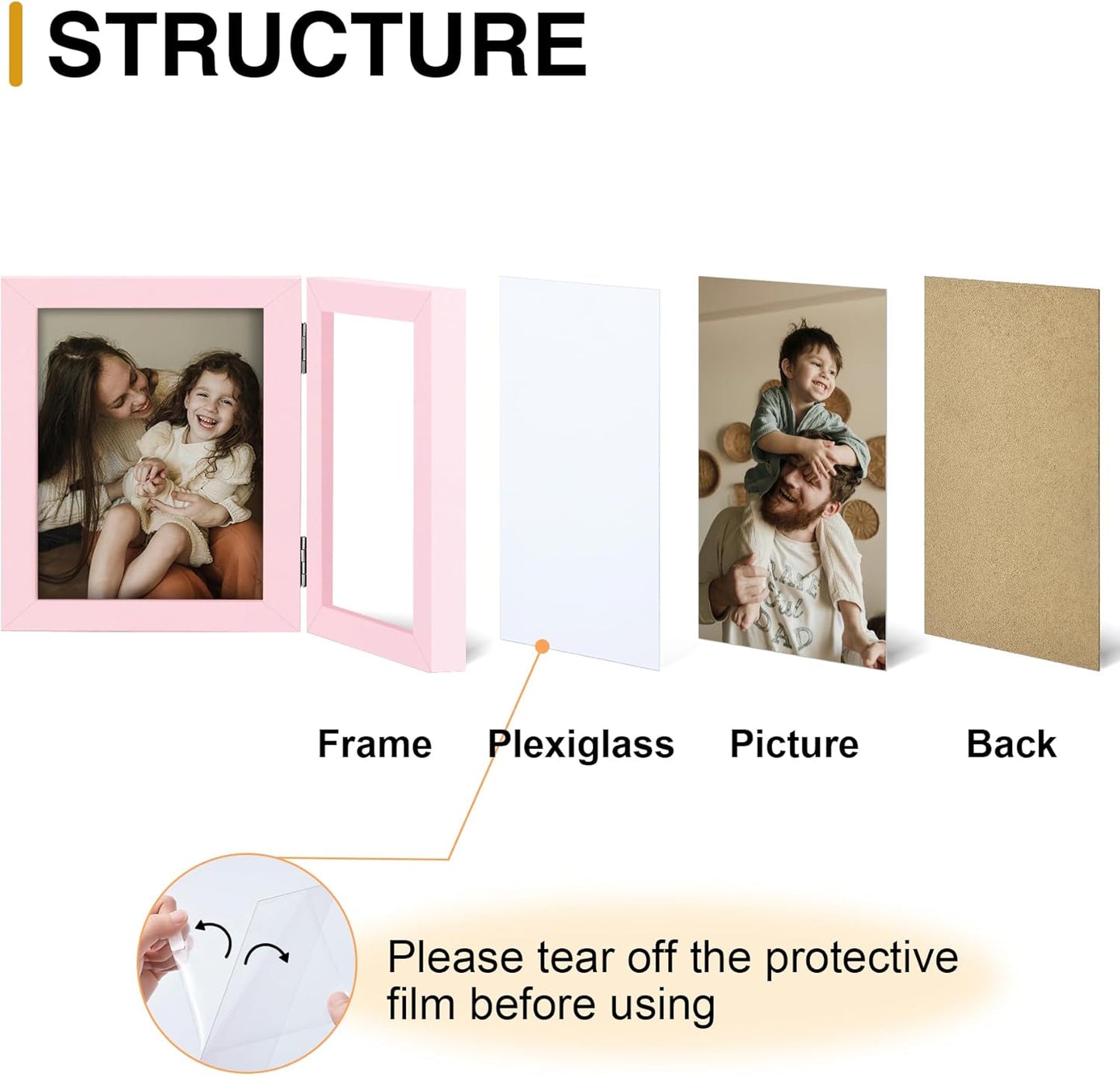 decorUhome Double 4x4 Picture Frame Vertical, Engineered Wood Bifold Photo Frame with Plexiglass for Tabletop Display, 4x4, Pink