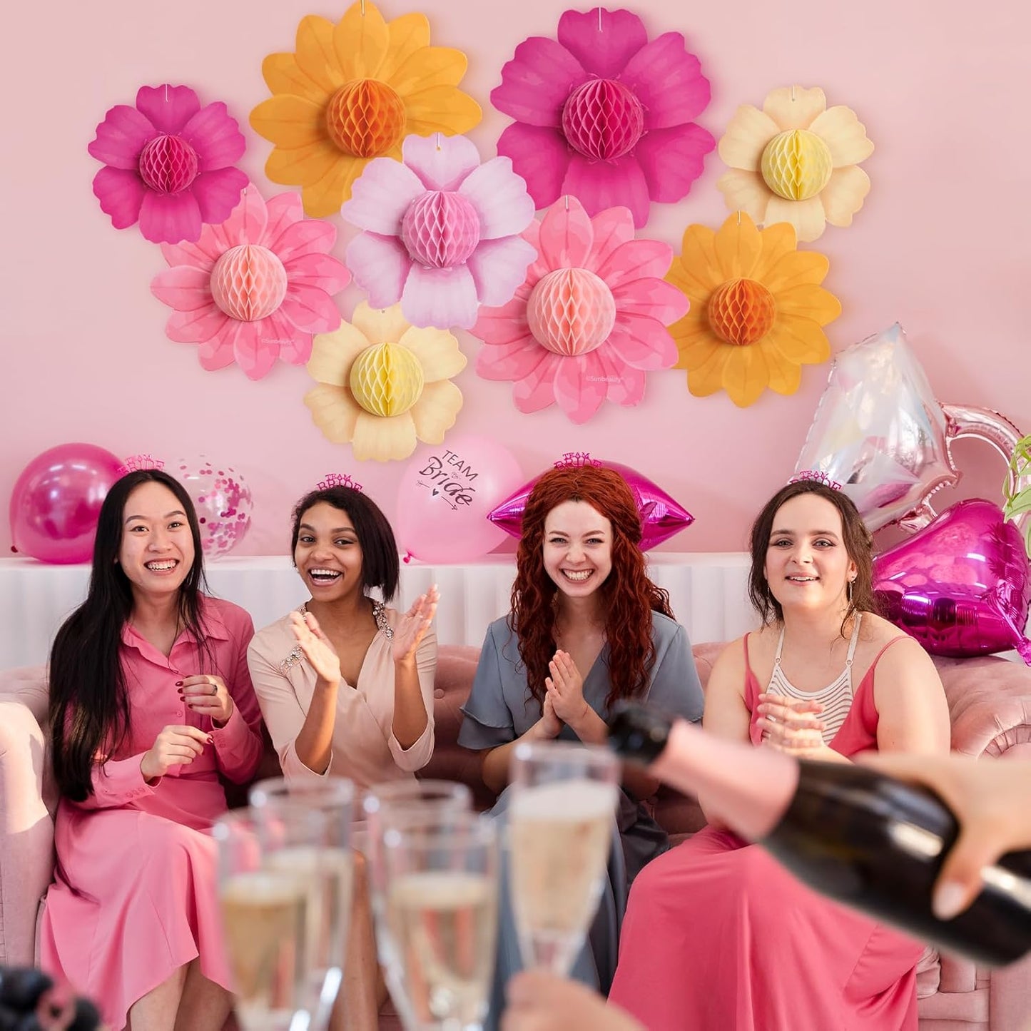 SUNBEAUTY 9 PCS Hot Pink and Orange Party Decorations Fall Large Hanging Paper Flowers Honeycomb Tissue Fiesta Sunset Autumn Decor for Birthday Thanksgiving Wedding Bridal Baby Shower Backdrop Wall