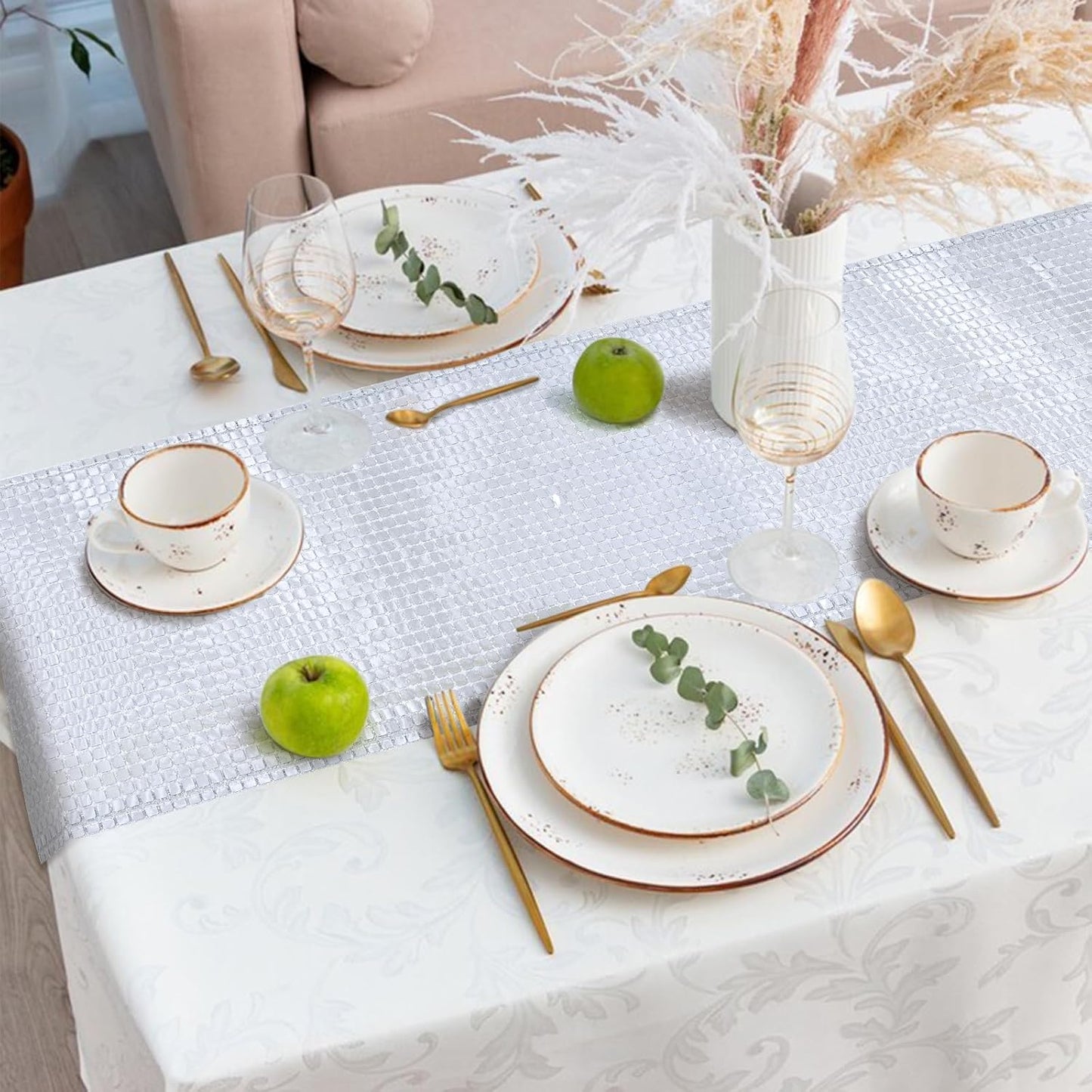 SquarePie Disco Table Runner 1 Pack - Silver Mirror Sequin Glitter Foil Runner for Disco Party Decor Retro 70s 80s Theme, Bachelorette Birthday Dance Decoration 12x108 Inch