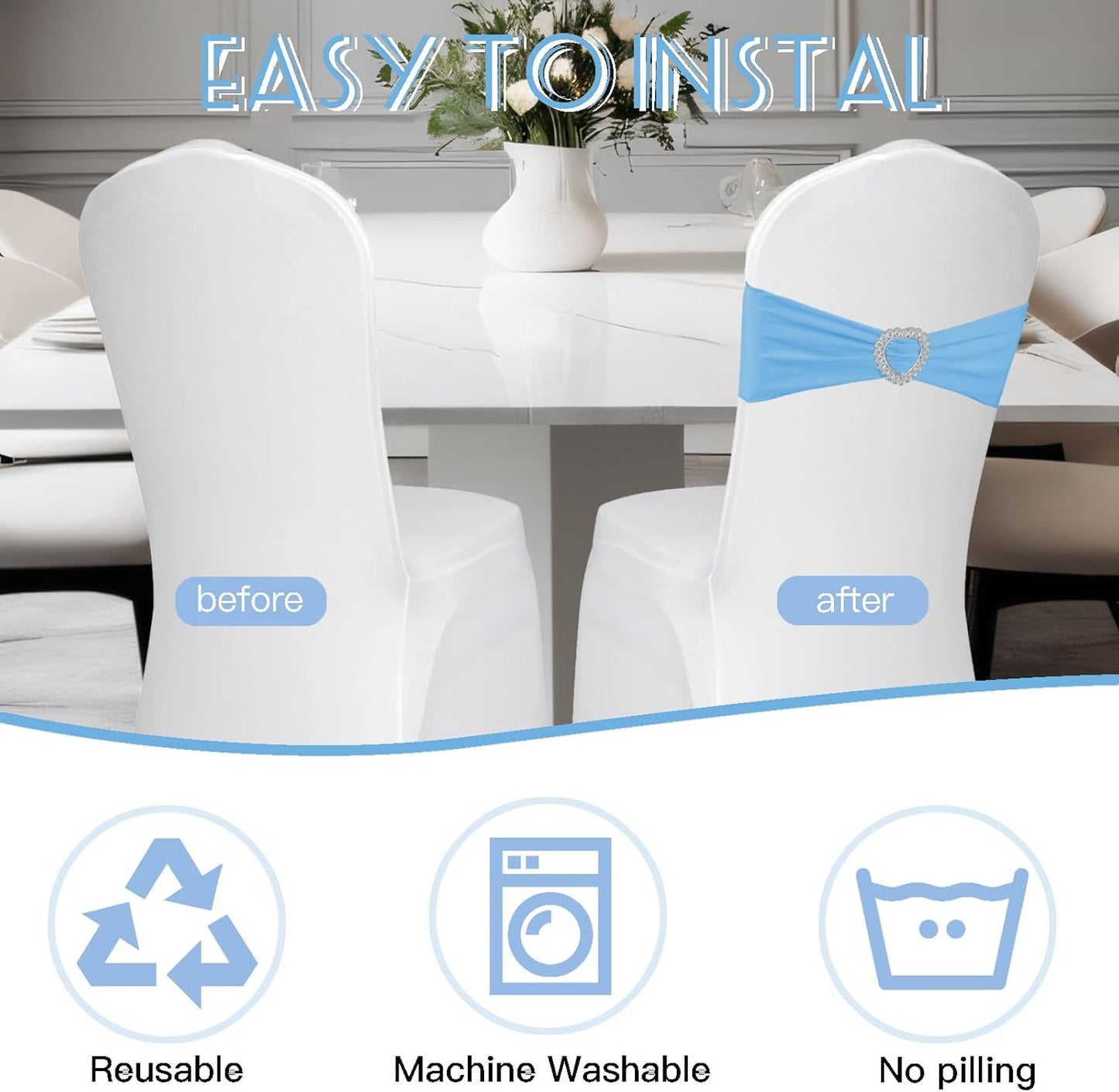 100 Pack Spandex Stretch Blue Chair Sashes Bows Universal Elastic Light Blue Chair Cover Bands Ties with Buckle Slider for Wedding Party Banquet Ceremony Reception Event Decorations