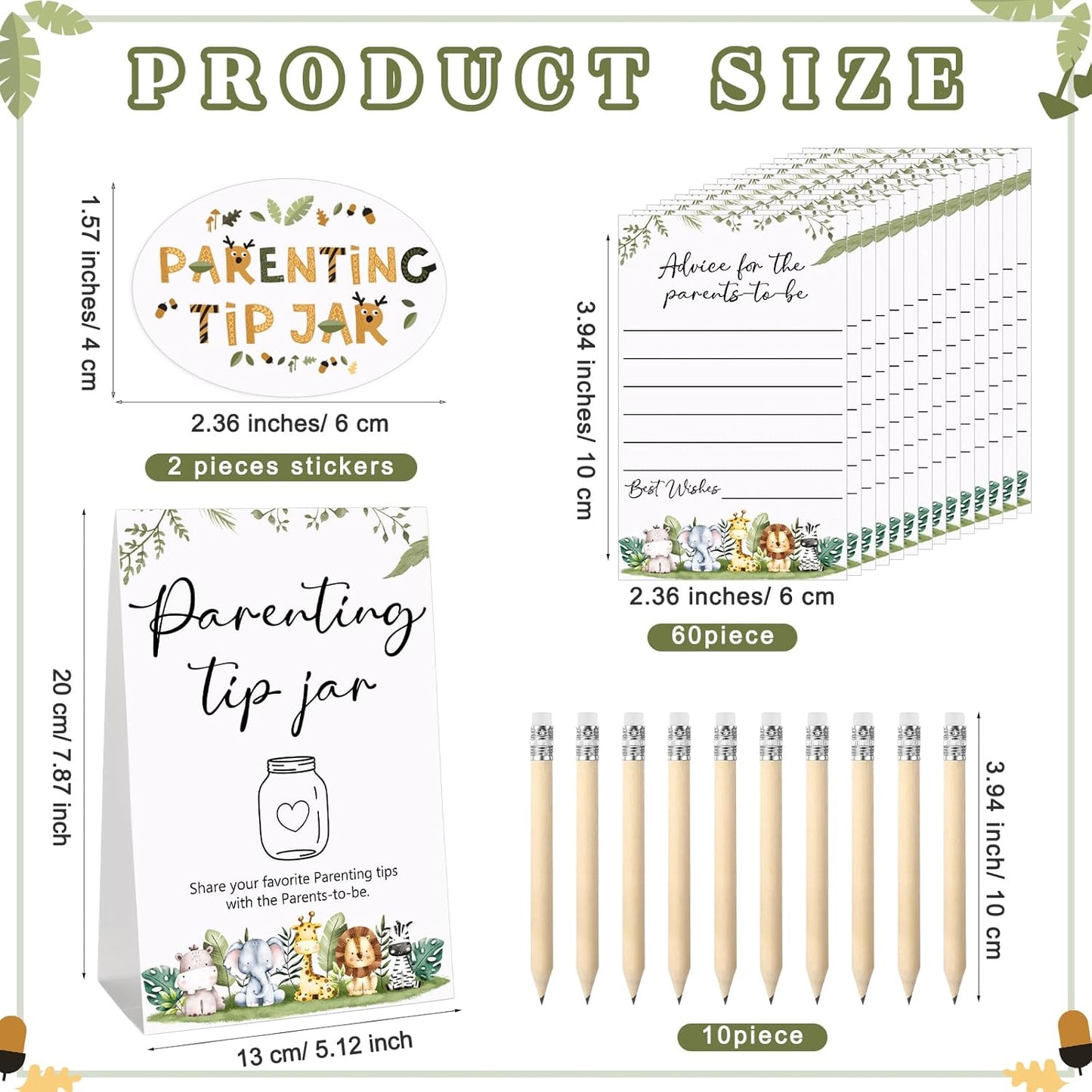 Roowest Baby Shower to Baby Advice Cards for New Parents to Be - Tip Jar Sign for New Parents 60 Parenting Advice Cards 10 HB Pencils 2 Cute Stickers 1 Pet Bottle for Guests Games(Animal)