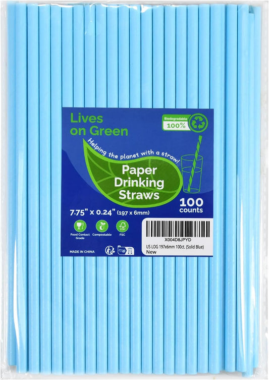 7.75'' x 0.24'' Disposable Solid Blue Unwrapped Paper Straws for Drinking 100 Counts - for Cocktail, Beverage, Cake Pops