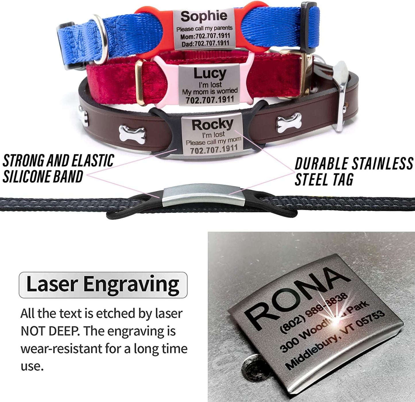 Personalized Dog & Cat ID Tags - No Noise, Engraved, Slide On - Custom Collar Tags for Small, Medium & Large Pets - Silent Identification