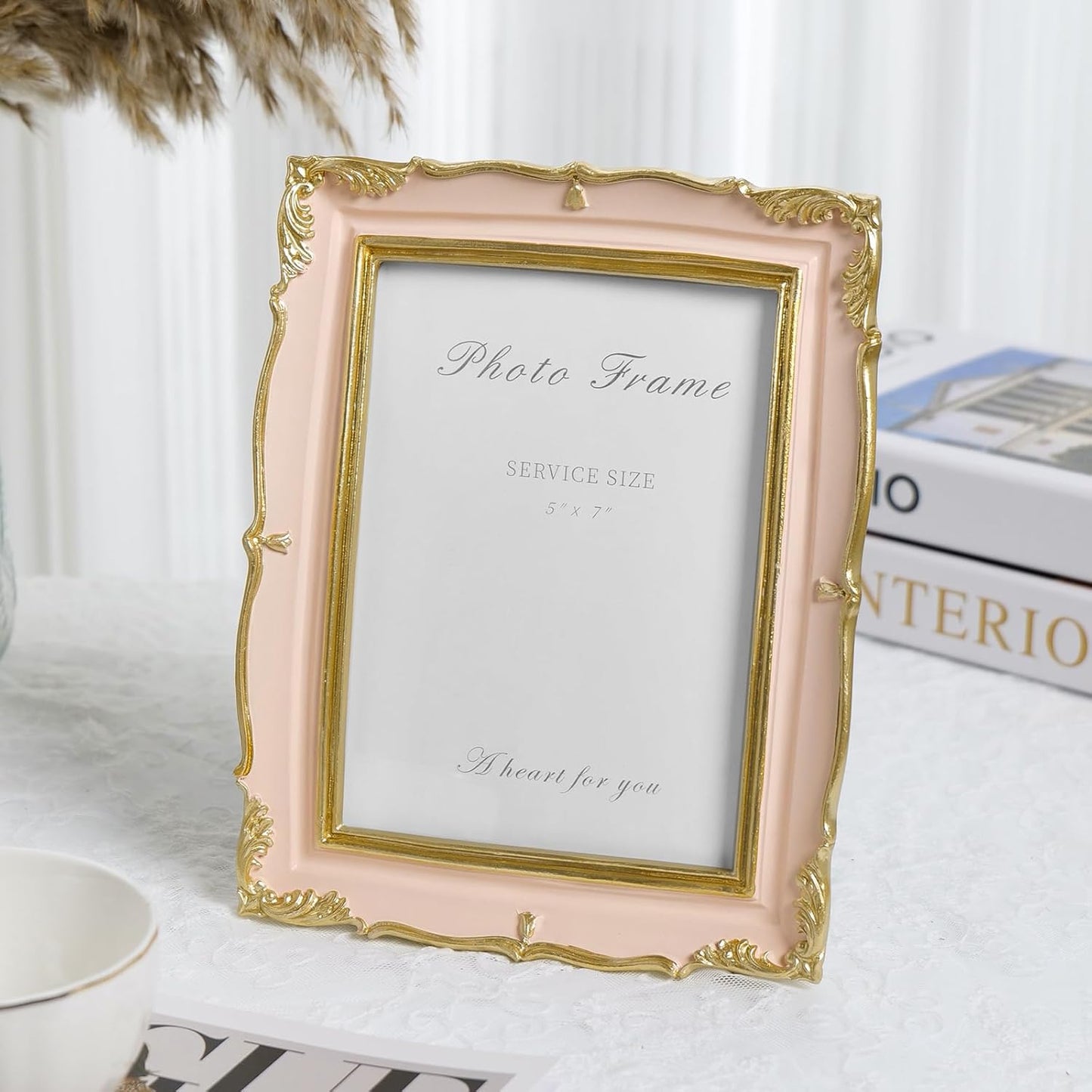 Cuspin Vintage Pink 5x7 Picture Frame, Pink and Gold 5 by 7 Antique Photo Frames, Ornate Textured Hand-Crafted Resin Frame with Glass Front for Tabletop Display, Retro Design Home Decor