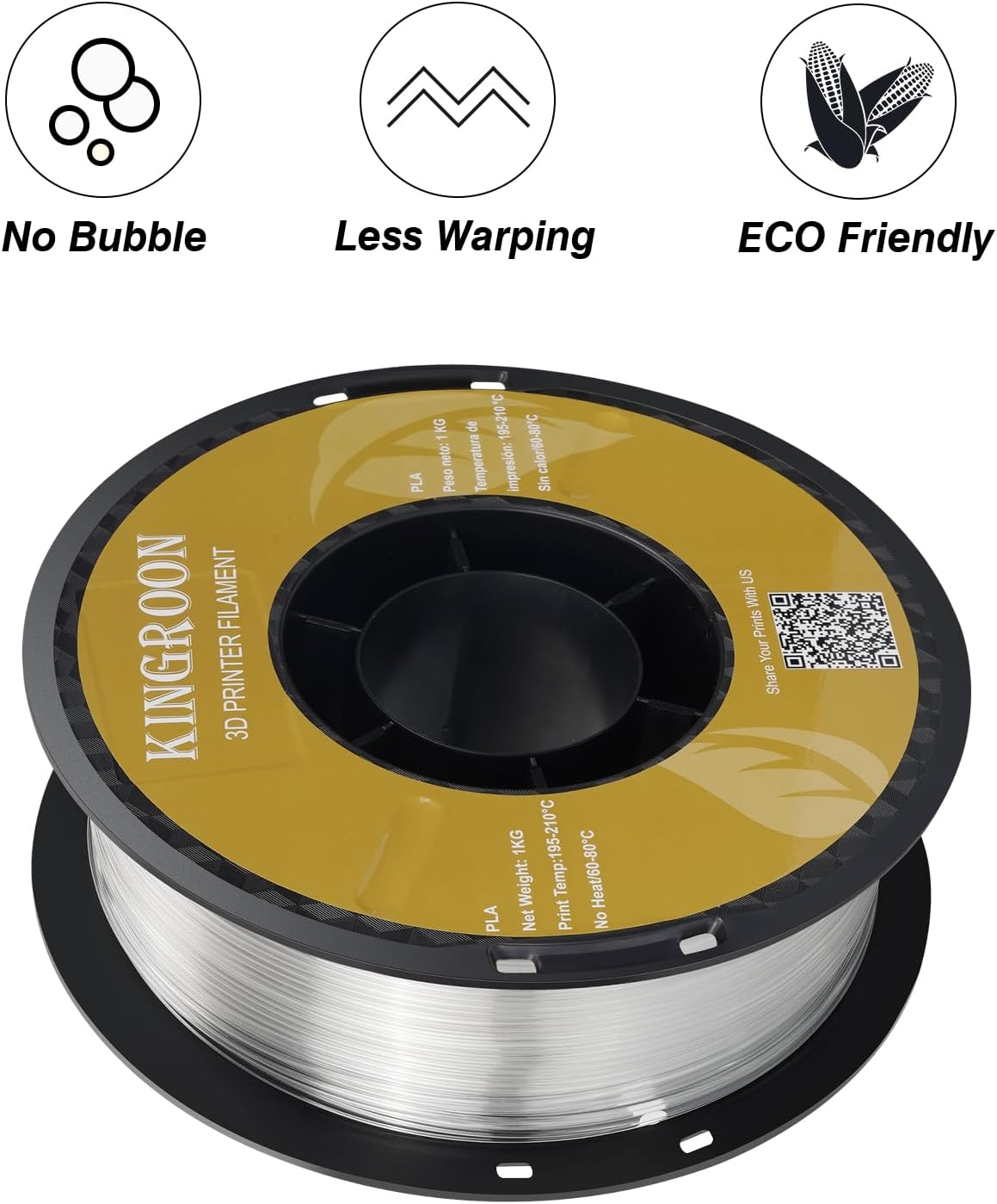 Kingroon PLA Filament 1.75mm 3D Printer Filament Transparent Pla Filament 1kg Filament Dimensional Accuracy +/- 0.02mm, Fit Most FDM Printer, Transparent