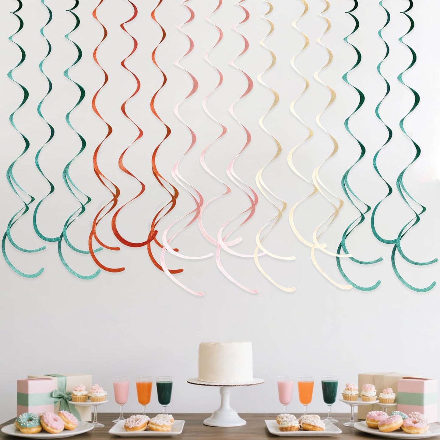 36 Pcs Boho Hanging Swirl Decorations Aqua Green Orange Pink Beige Felt Swirl Streamer Spiral Ceiling Garland for Birthday Engagement Baby Shower Wedding Bridal Shower Party Supplies Nursery Decor