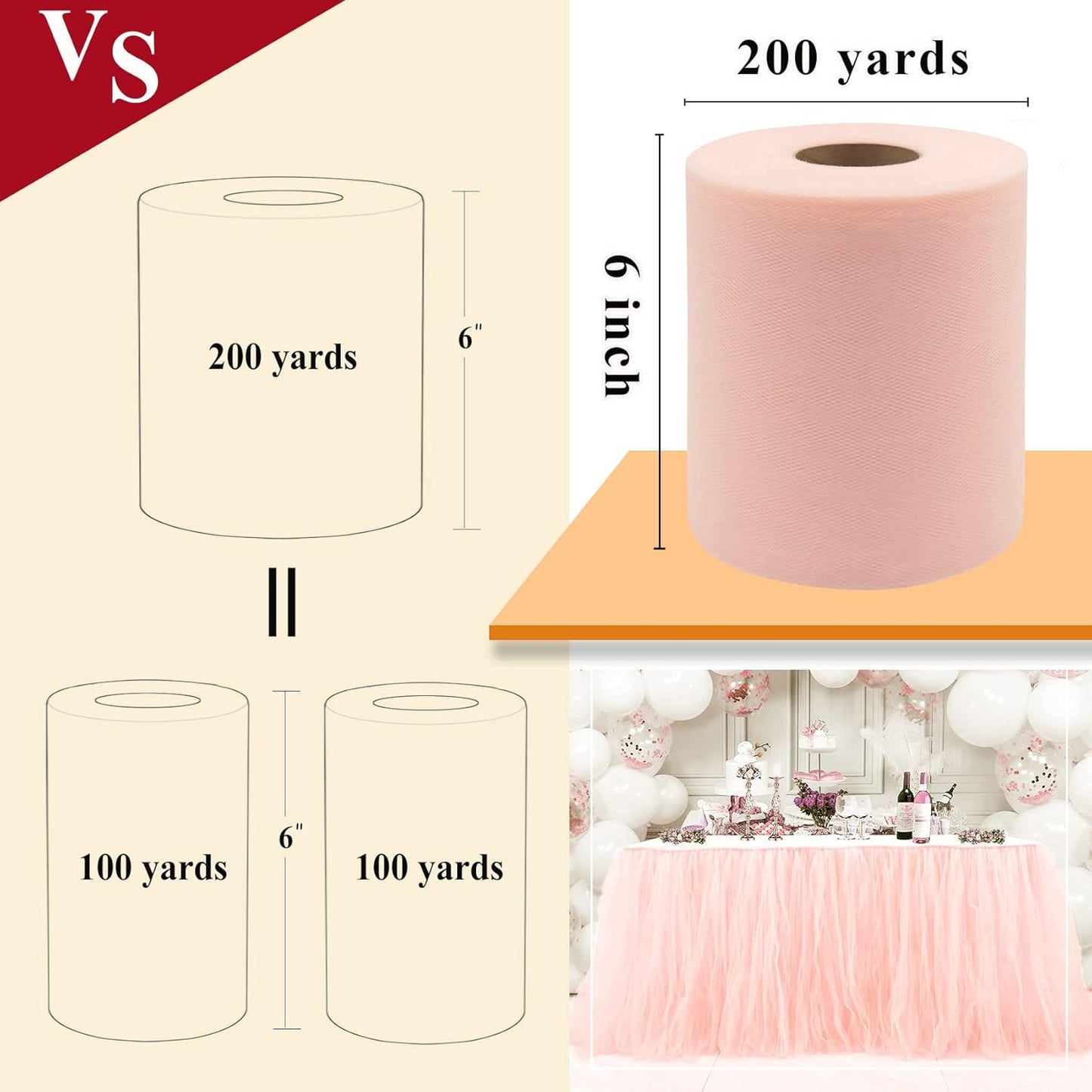 Blush Tulle Fabric Rolls 6 Inch by 200 Yards (600 feet) Fabric Spool Tulle Ribbon for DIY Blush Tutu Bow Baby Shower Birthday Party Wedding Decorations Craft Supplies
