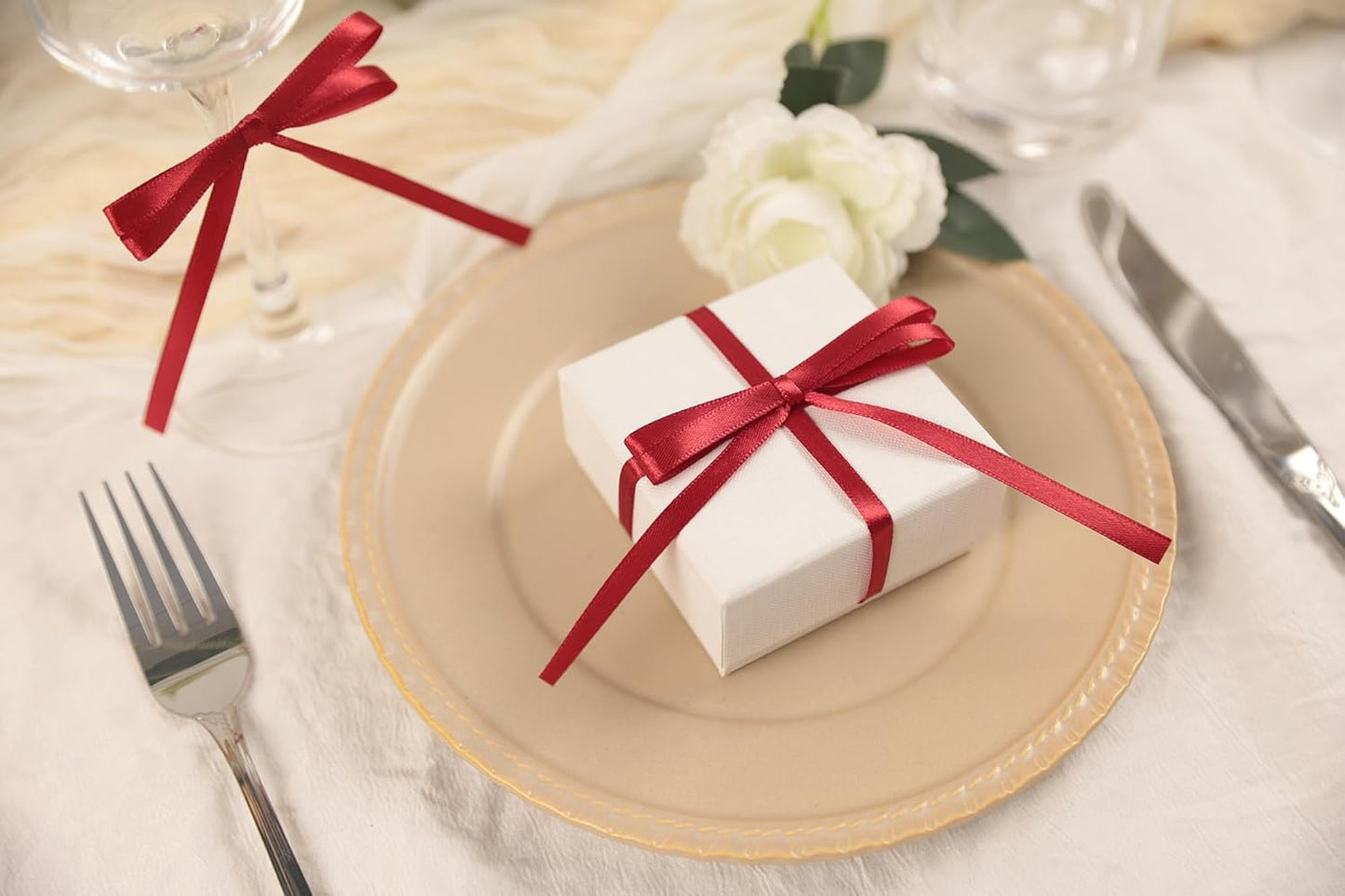 Scarlet Red Satin Ribbon 1/4 inch X Continuous 50 Yards, Single Face Polyester Ribbon Perfect for Gift Wrapping, Flower Bouquet, Wedding Decor, Crafts, Bow Making, Sewing and More