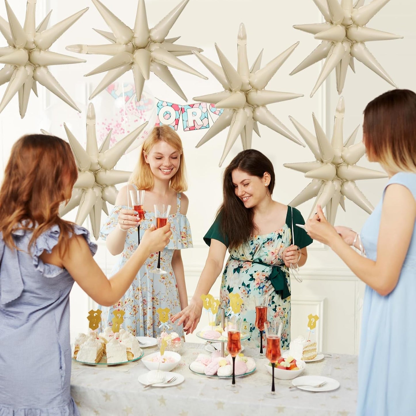 Cream White Star Balloons,9Pcs 22Inch Cream White Explosion Spike Cone Helium Polyester Film Star Foil Balloons for Birthday Anniversary Baby Shower Wedding Disco Party Decorations