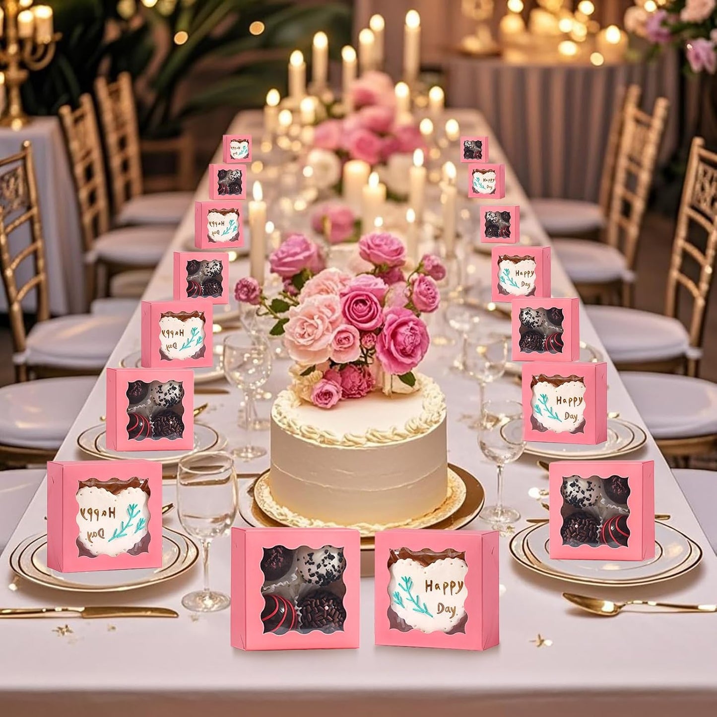 RomanticBaking 3 ¼" x 3 ¼" x 1 ½" 100PCS Chocolate Truffle Boxes for 4，Cookies Boxes Soap Boxes Donut Boxes Macaron Boxes Mini Bakery Boxes with Window Brownie Box