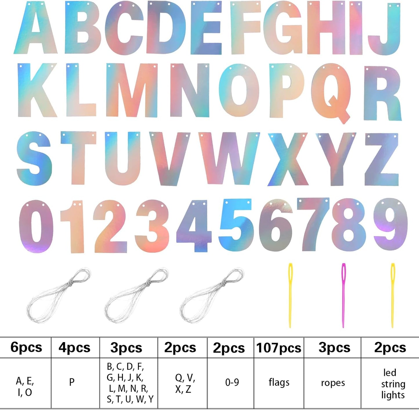 TaoBary 112 Pcs DIY Letter Kit Glitter Customizable Banner Letters Include 107 Letters and Numbers 3 Rope and 2 Needles for Birthday Halloween Christmas Wedding Valentine Party Decor(Holographic)