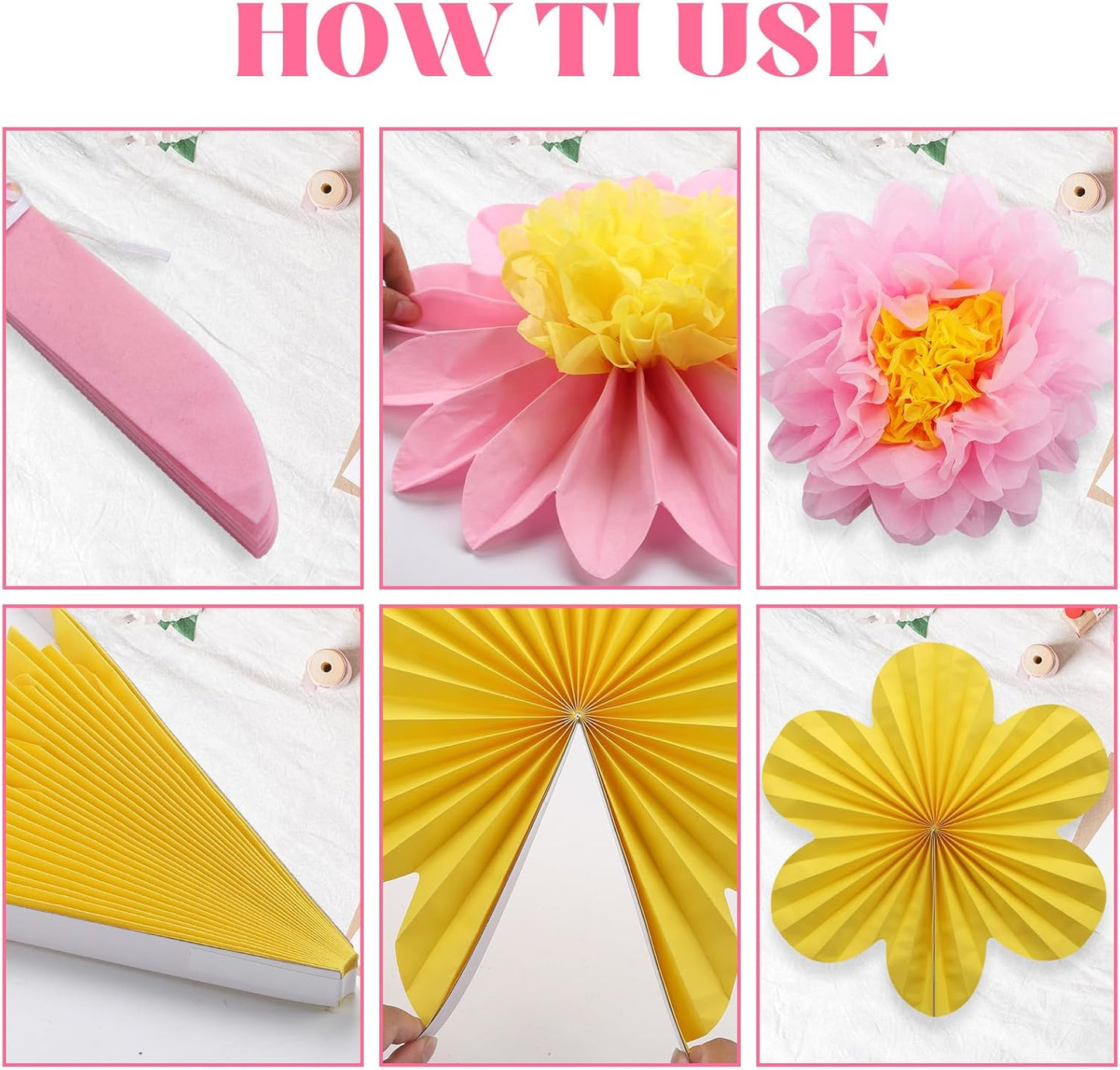 BestoFun 12PCS Paper Flowers Fans Pink Yellow Party Decorations Tissue Paper Flowers Decorations for Girl Groovy Birthday Baby Shower Wedding Bachelorette Room Wall Hanging Décor