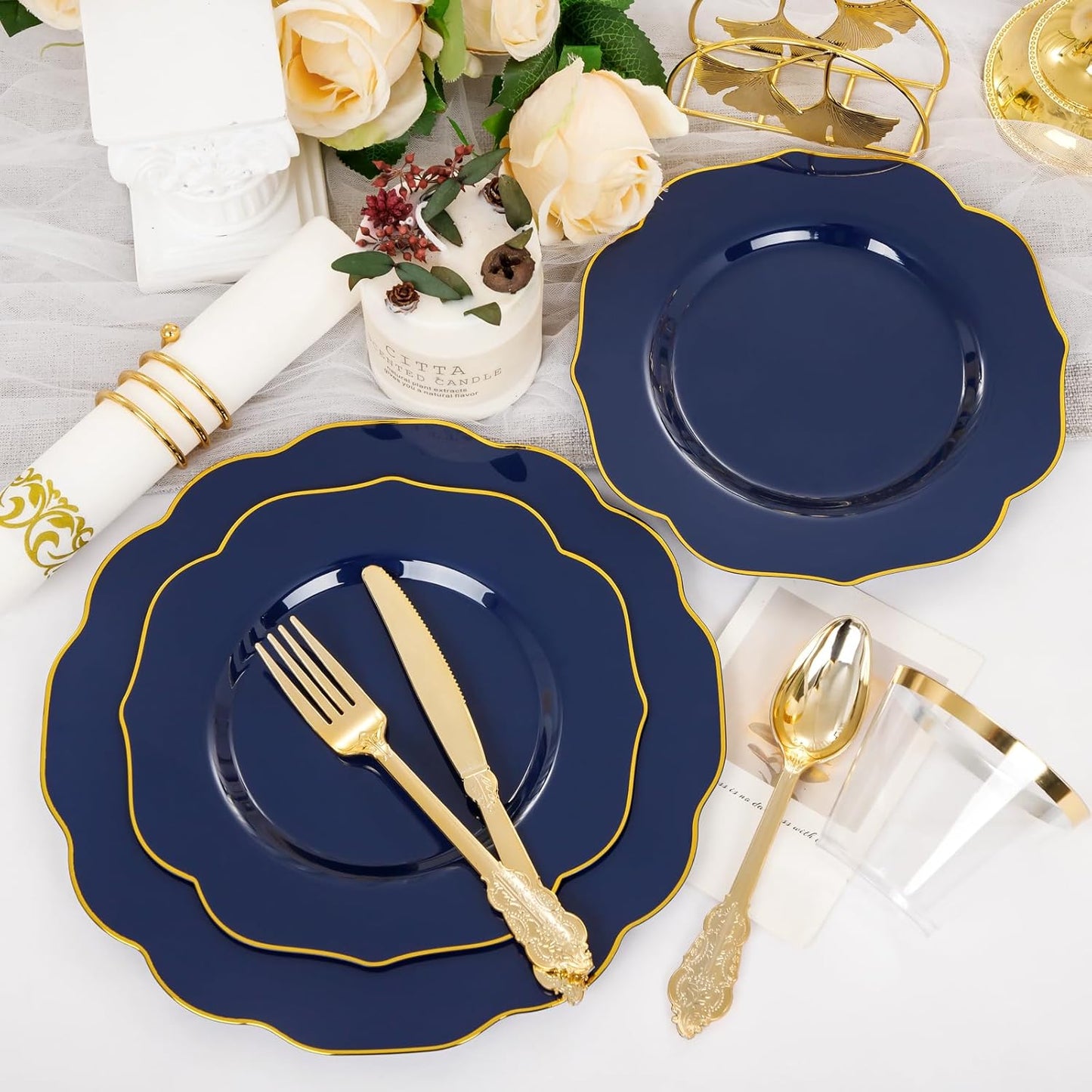 NOCCUR 175PCS Blue Plastic Plates with Disposable Silverware - Include 50 Blue Disposable Plates with Gold Rim,75 Gold Cutlery,25 Cups,25Napkins for Party/Hanukkah/Thanksgiving