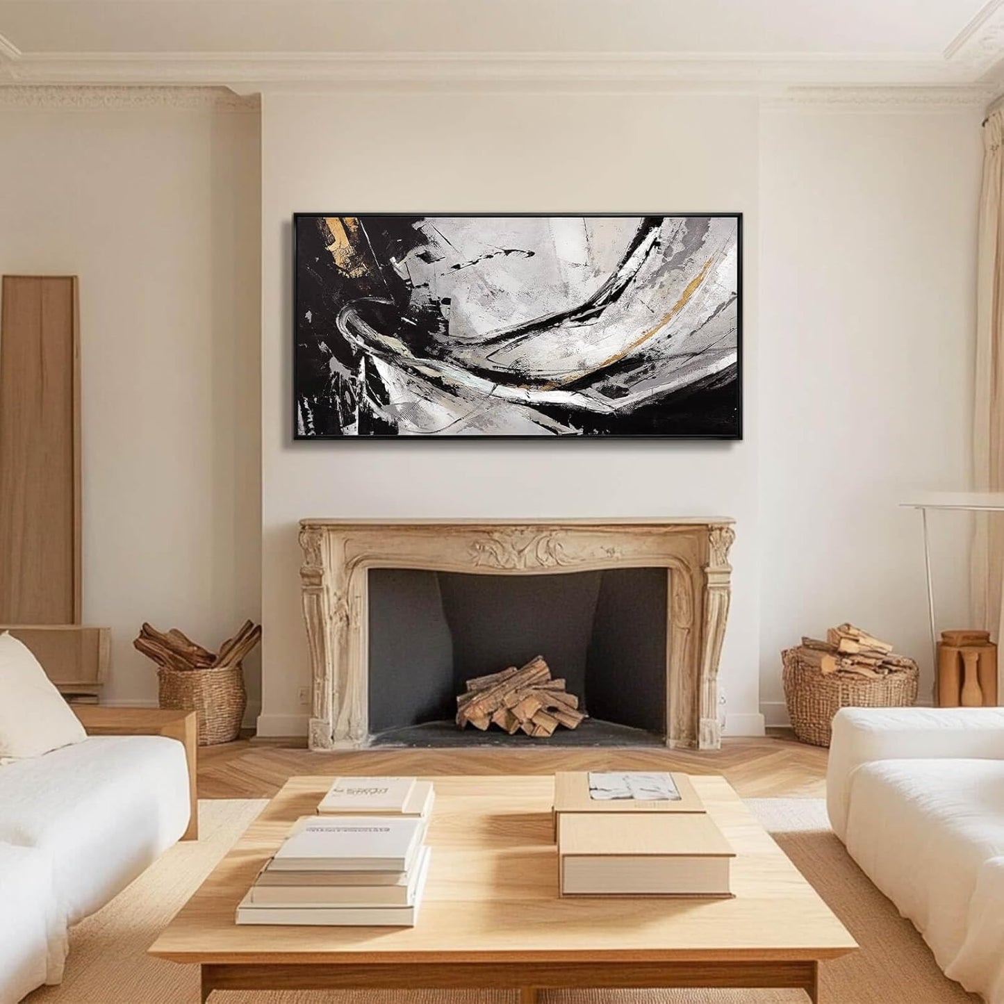 XIANSHOU Abstract Canvas Art Gold Line Painting Wall Art Black Poster Splash-ink Artwork 24"x 48" Gallery Wall Prints for Home Living Room Kitchen