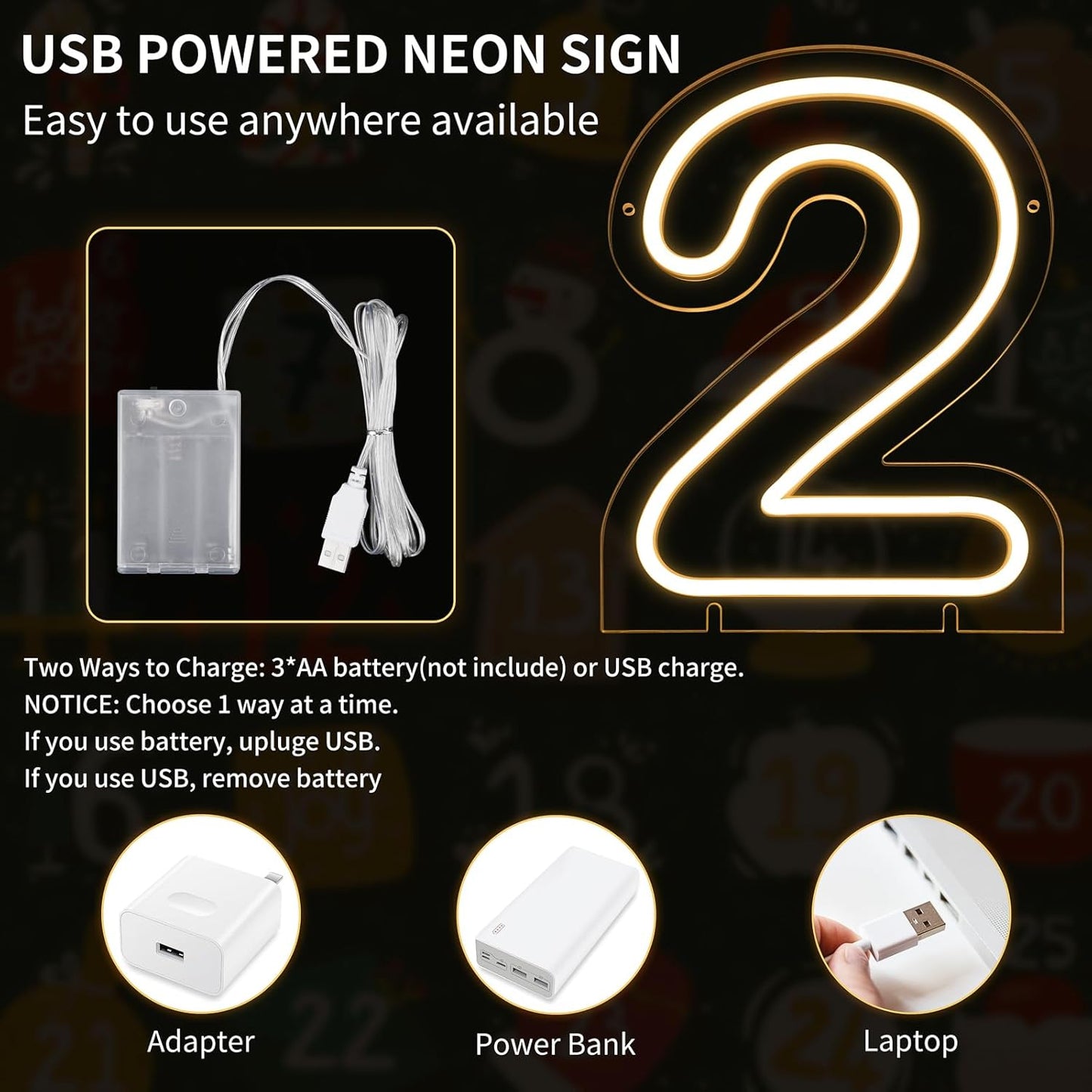 Number 2 LED Neon Sign Backdrop Birthday Party Decoration, 11.3" Height Warm White Marquee Number Two Light Up Sign for Wedding Anniversary Window Wall Table, Indoor Battery Operated or USB