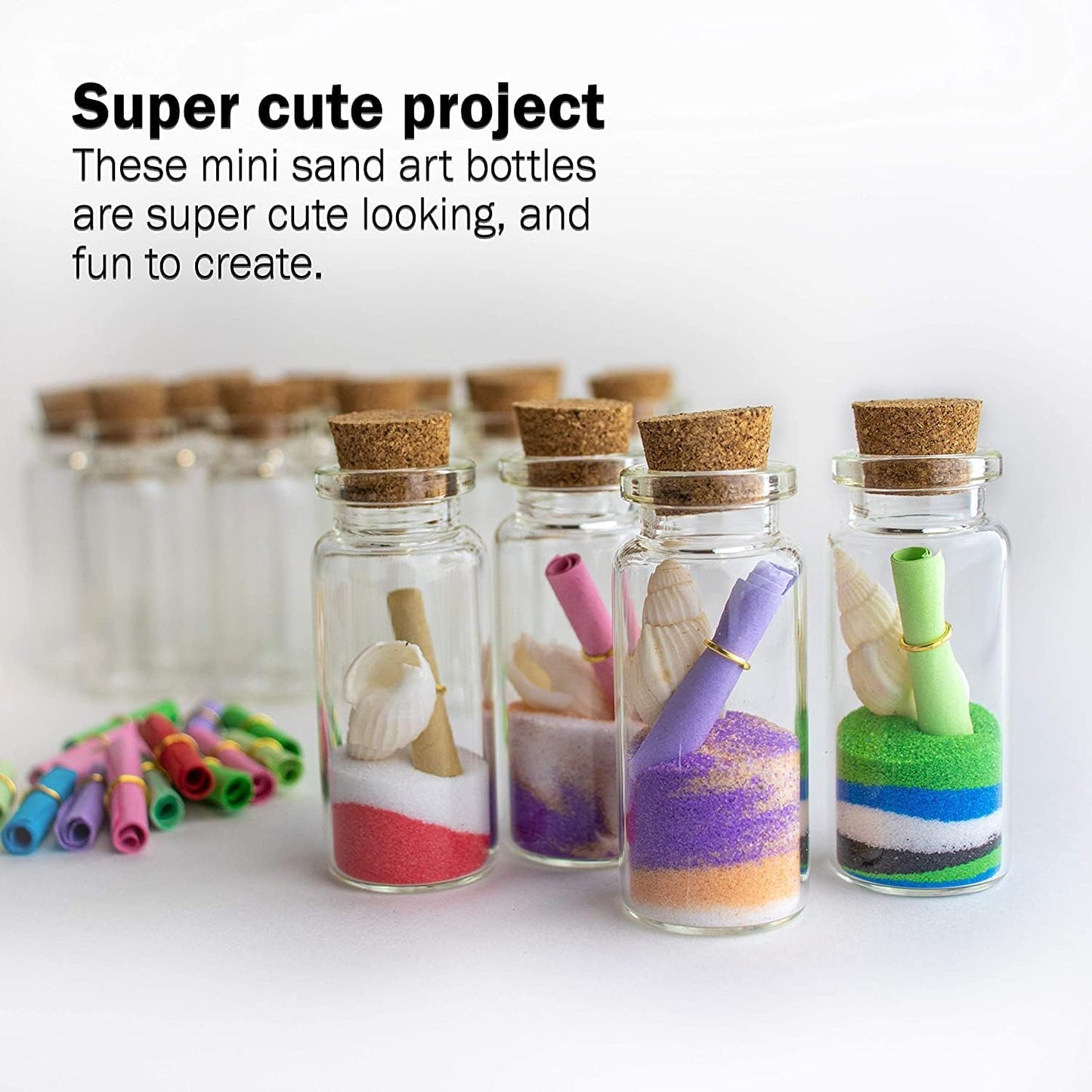 Upper Midland Products Sand Art Wishing Bottles, Bulk Sand Art She Shell Set, 20 Glass Bottles, 50 Seashells, 7 Color Sand, 20 Letter Paper, 3 funnels