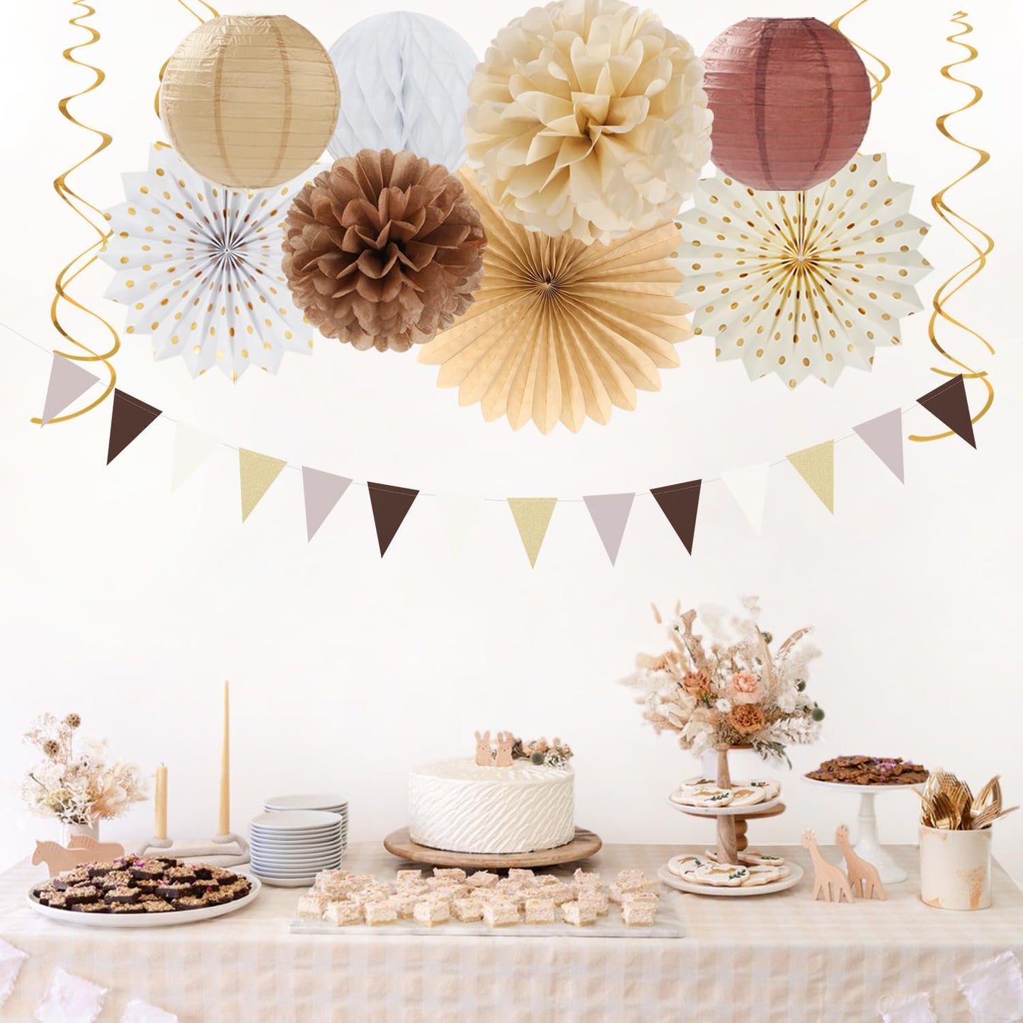 Boho Baby-Shower White-Brown Champagne Party-Decorations - 20pcs Neutral Rustic Paper Lanterns Fans,Tissue Pom Poms,Honeycomb Balls,Bunting,Birthday Wedding Bridal Christmas Fall Autumn Decor Burgleda