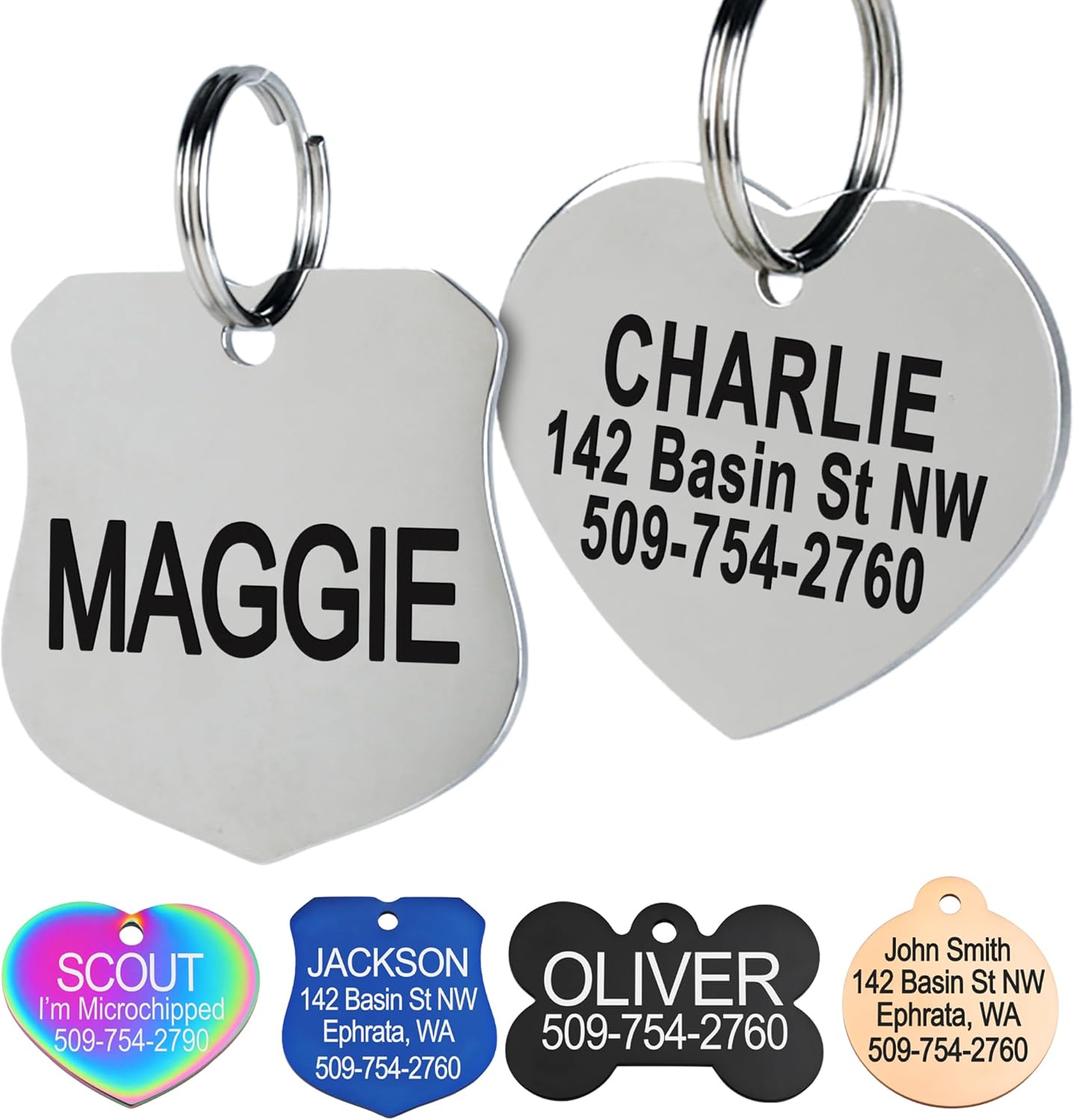 GoTags Stainless Steel Pet ID Tags, Personalized Dog Tags and Cat Tags, up to 8 Lines of Custom Text, Engraved on Both Sides, in Bone, Round, Heart, Bowtie and More (Ranger Badge, Small (Pack of 1))