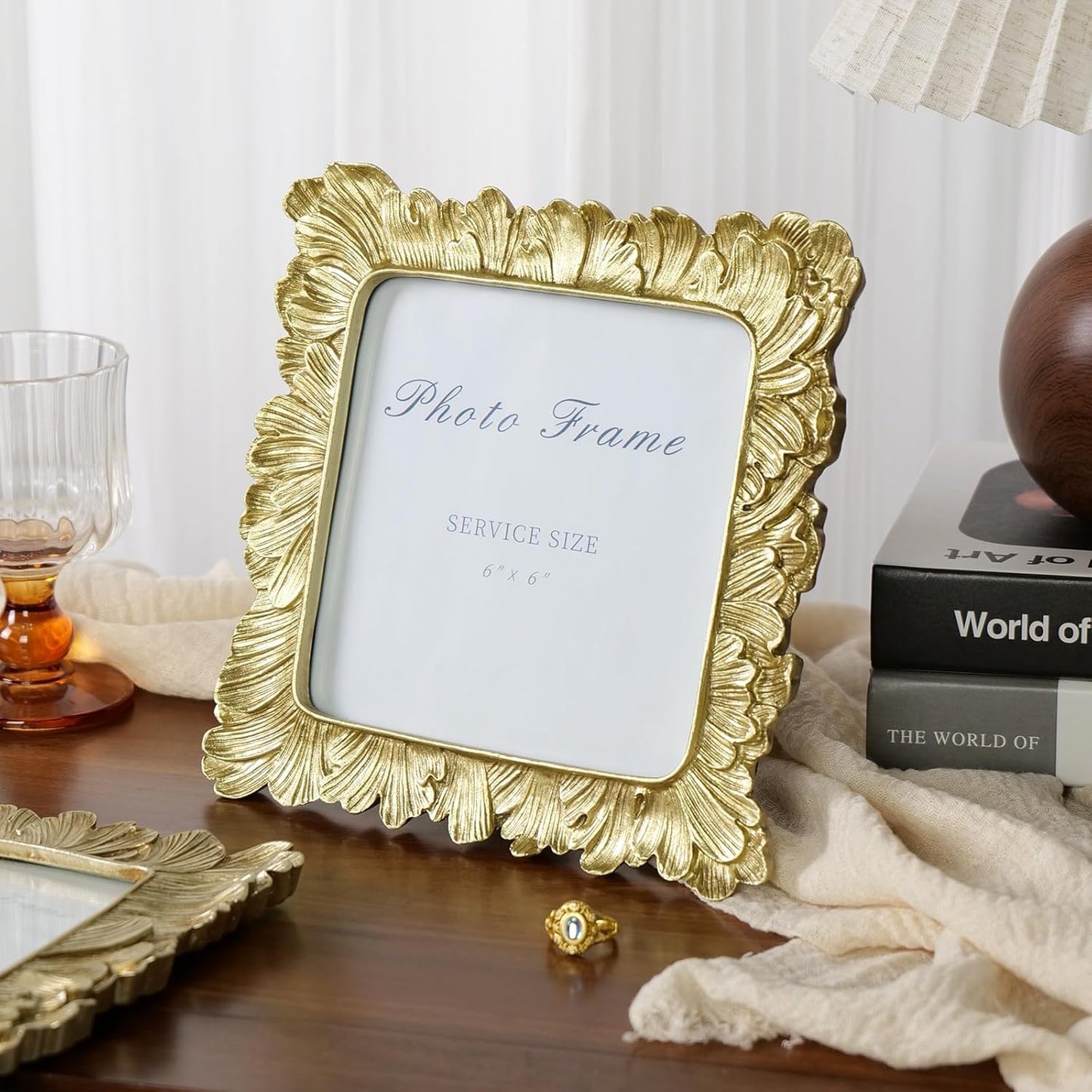 Cuspin 6x6 Gold Picture Frame, Vintage Gold Palm Leaves Textured Hand-Crafted Resin Frames with Glass Front, Retro Square Photo Frame for Wall and Tabletop Display Home Decor