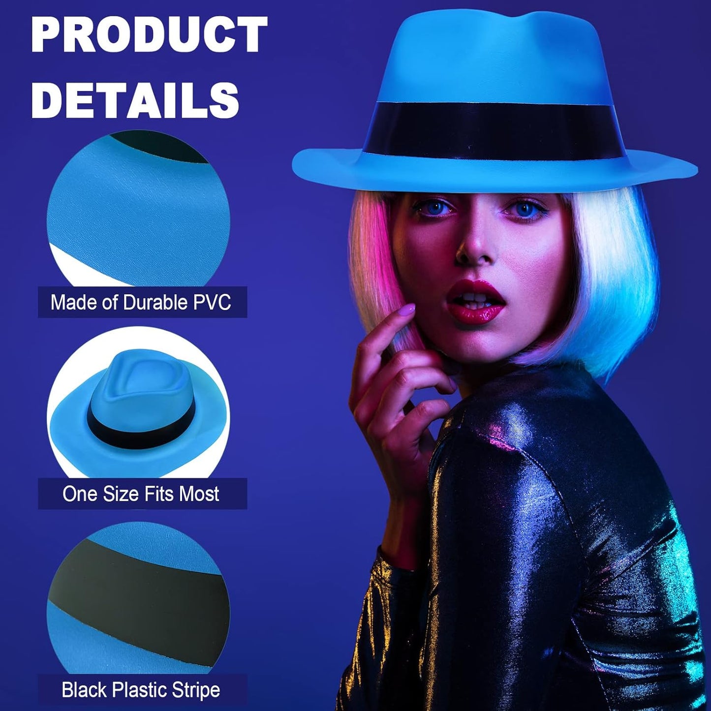 48 Pieces Neon Mafia Style Party Hats - Bright Dress Hats for Gangster Music Disco Birthday, Photo Booth Props and Favors