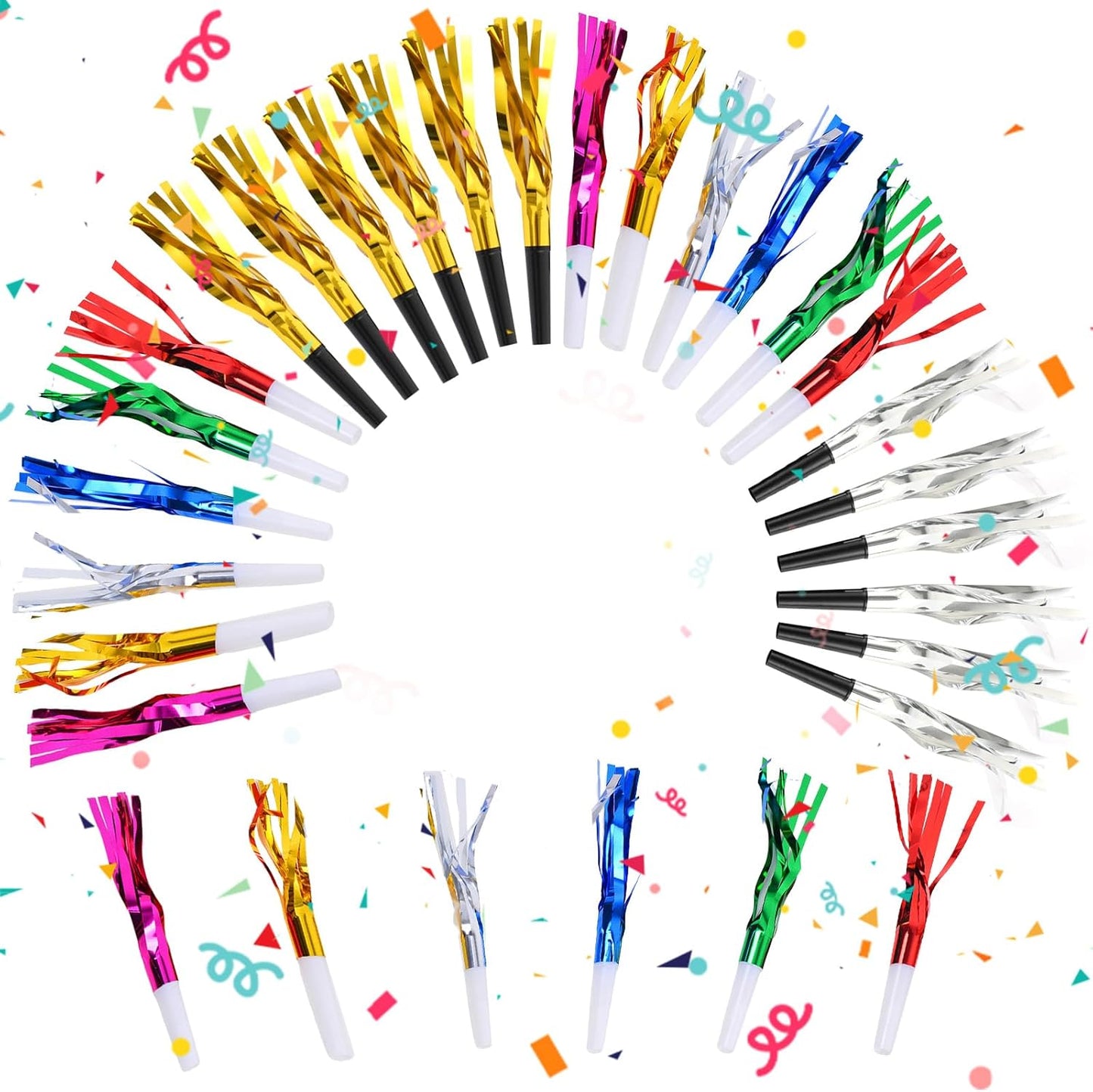 24 Pcs Glitter Noisemakers, Metal Tassel Music Birthday Blowers, Horn Whistles Party Favors Blow Out, Kids New Year's Eve Noisemakers (Color, Gold, Silver)