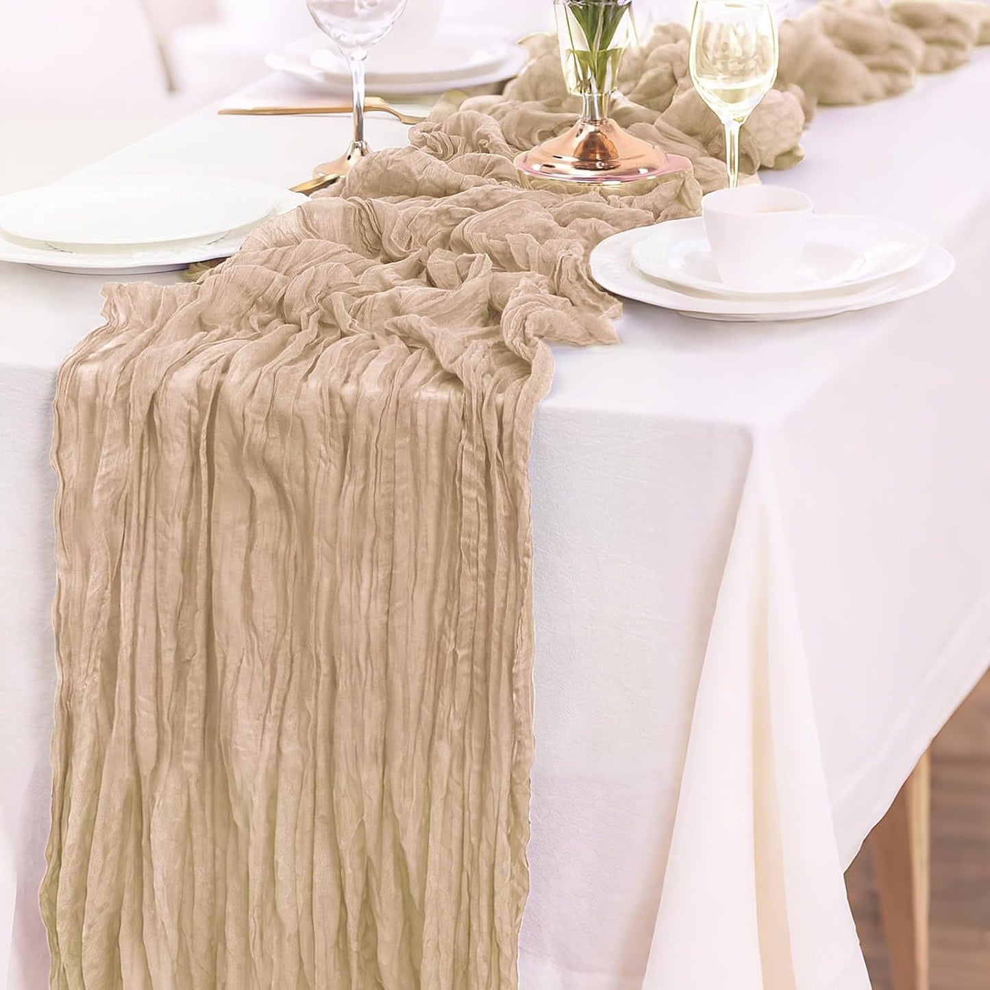 Cheesecloth Table Runner 10FT (35x120 Inch) - 10 Pack Nude Boho Gauze Fabric Cheese Cloth Table Runner Rustic Sheer Table Runners Cheesecloth for Wedding, Bridal Shower, Birthday Party Decor