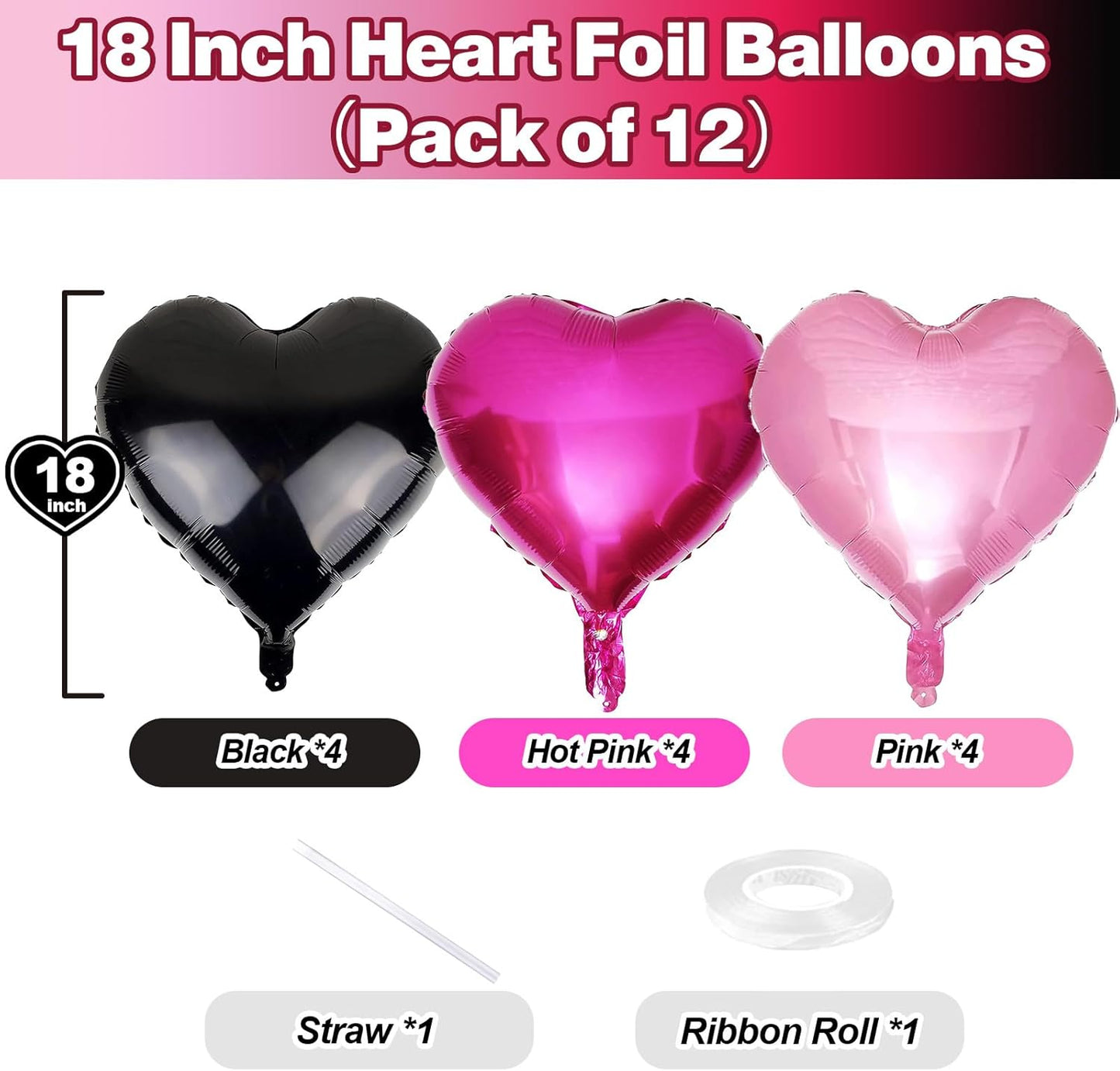 Pink Black Heart Foil Balloons, 12Pcs 18 Inch Hot Pink and Black Heart Shaped Foil Helium Balloon Party Decorations for Girls Women Princess Birthday Baby Shower Bridal Wedding Bachelorette