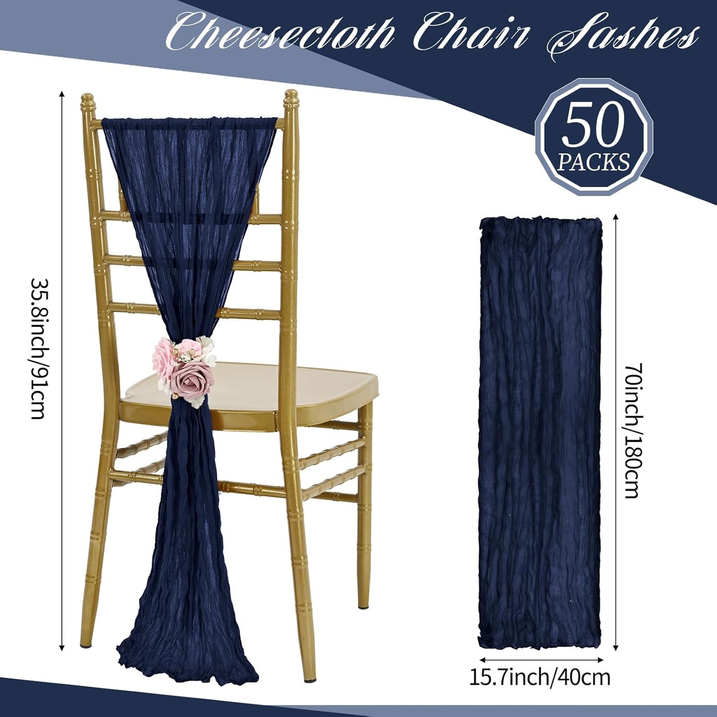 50 PCS Cheesecloth Chair Sashes, Bows Designed ChairSashes, 15.7x70 inch Chair Sashes for Aisle Decorations Universal Chairs Cover Decoration for Wedding Reception Party Banquet (Navy Blue)