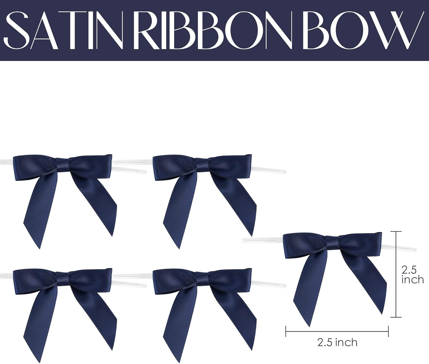 AIMUDI Navy Blue Satin Ribbon Twist Tie Bows 2.5" Pretied Bows Premade Craft Bows for Treat Bags Cake Pop Gift Wrapping Basket Wedding Favors Cookie Candy Bagging Baby Shower - 50 Counts