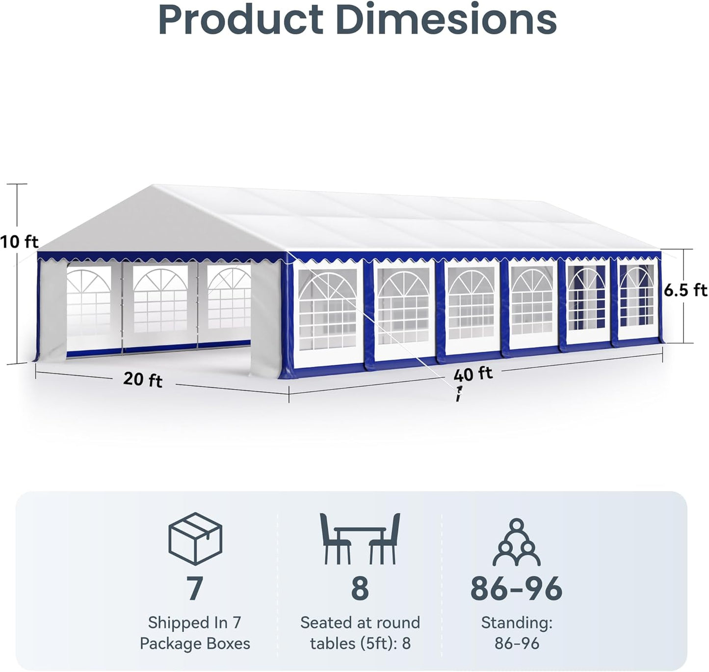PHI VILLA 40 ft. x 20 ft. Large Outdoor Canopy Wedding Party Tent with Removable Side Walls & 7 Storage Bags, White with Blue Stripes