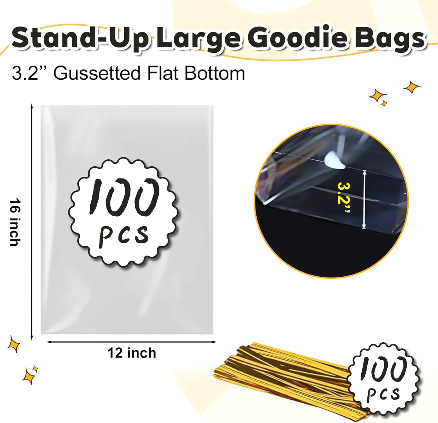 PigPotParty 12"x 16", 100Pcs Bottom Gusset Bags, Clear Plastic Cellophane Mug Treat Goodie Gift Bags with 100x Twist Ties, Large Party Favor Packaging, Toy Wrapping (No Side Gusset)